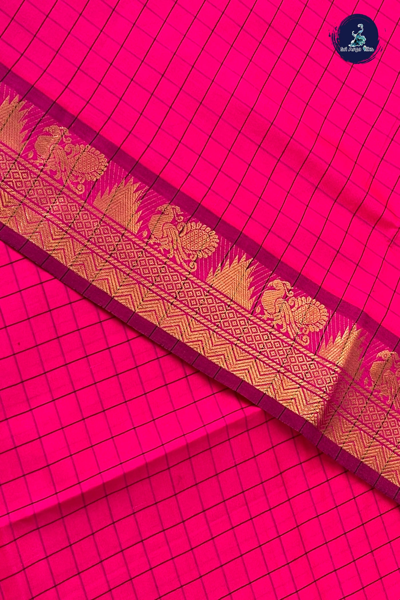 Pink Half Pure Silk Cotton Saree With Checked Pattern