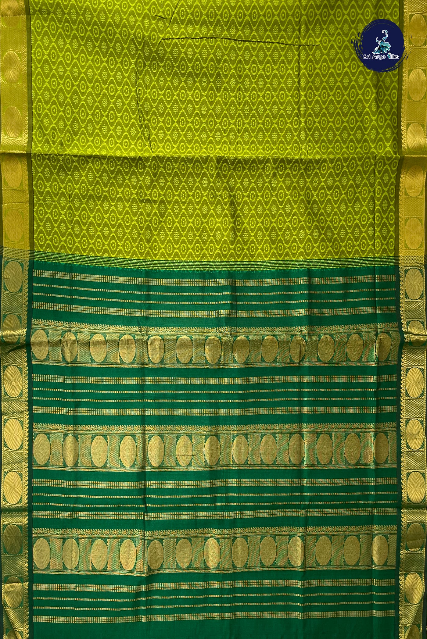 Lime Green Half Pure Silk Cotton Saree With Embossed Pattern