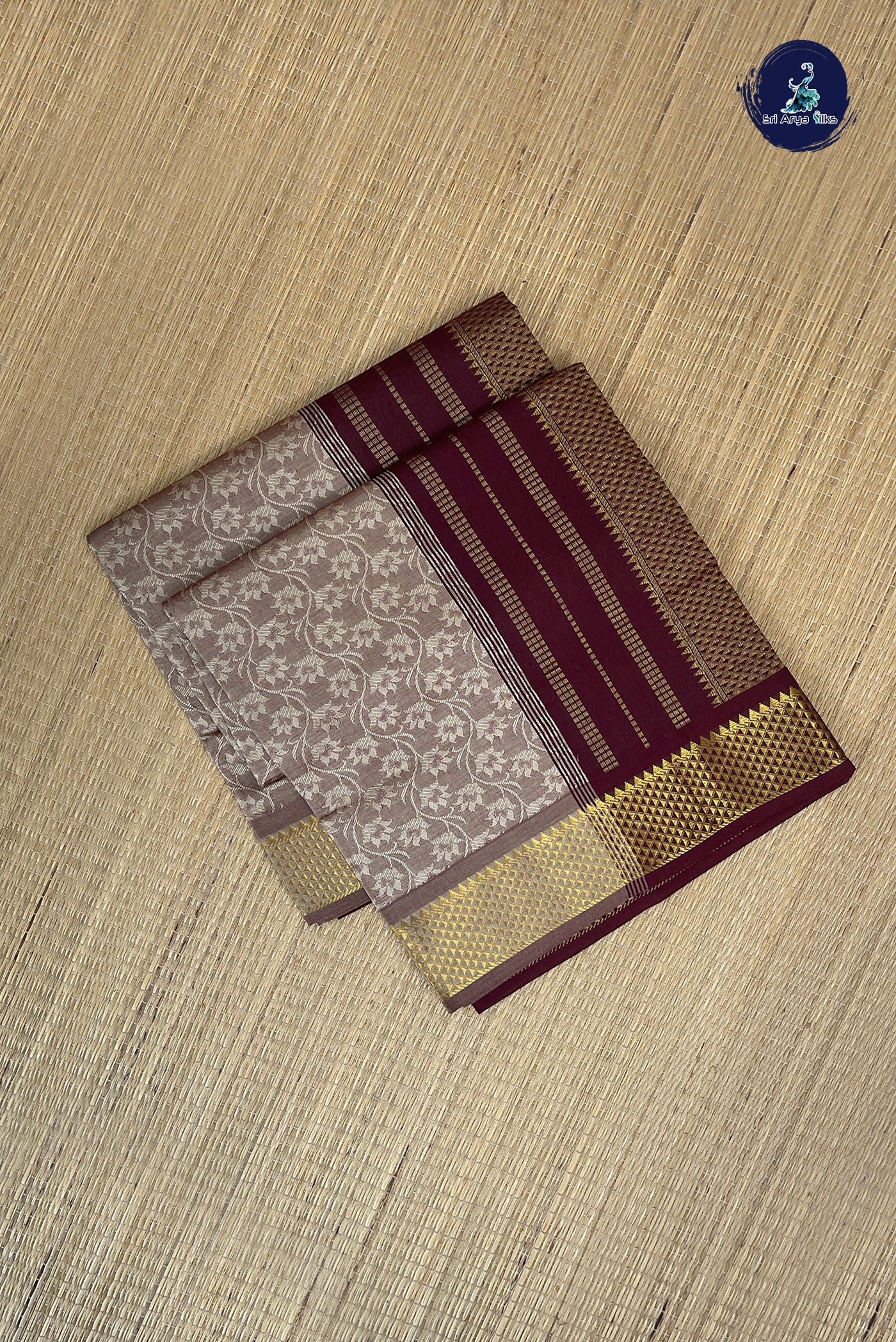 Light Brown Half Pure Silk Cotton Saree With Embossed Pattern