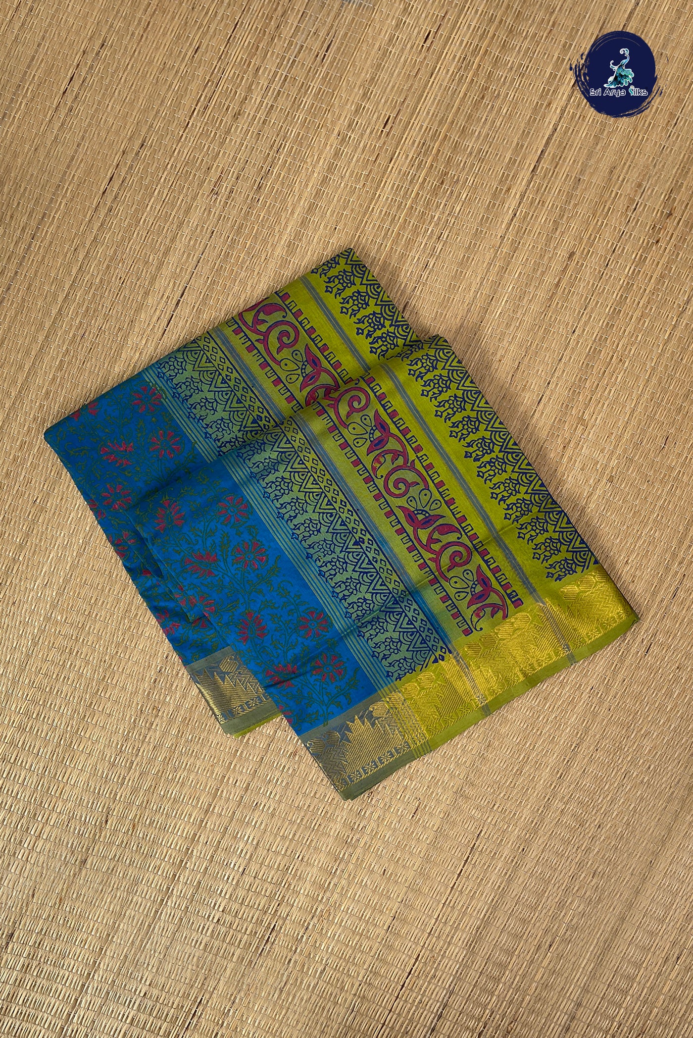 Copper Sulphate Blue Simple Silk Cotton Saree With Printed Pattern