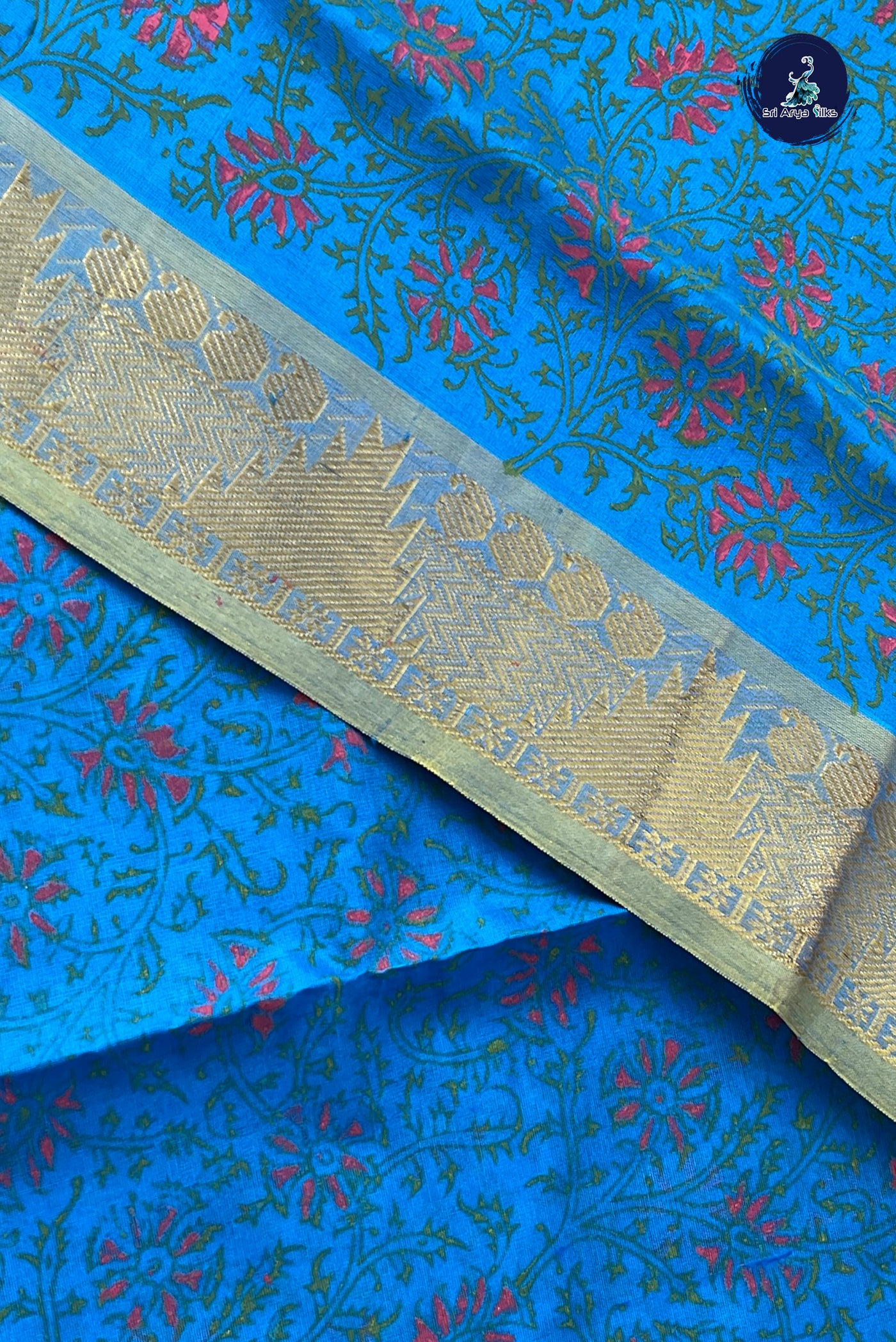 Copper Sulphate Blue Simple Silk Cotton Saree With Printed Pattern