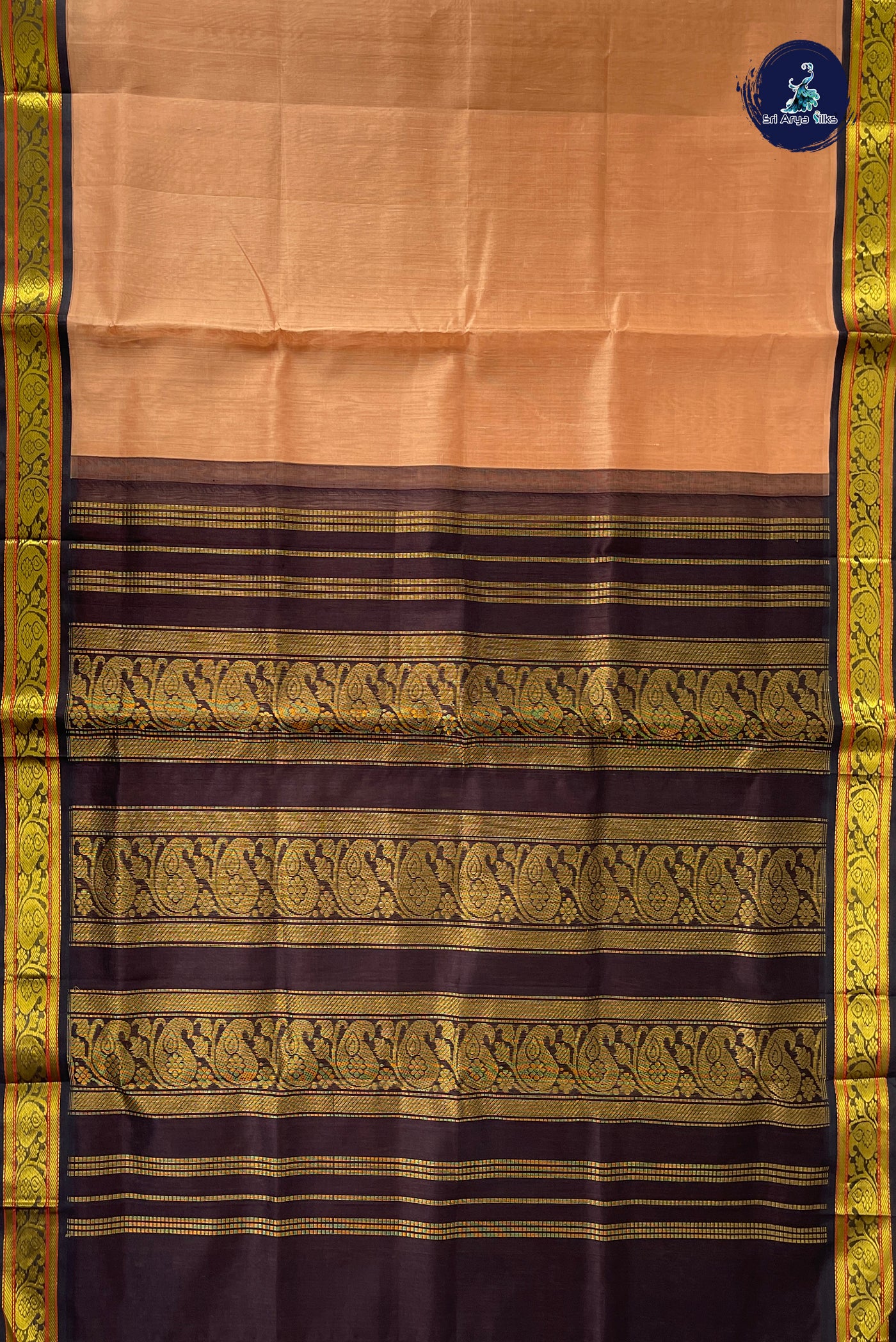 Beige Korvai Silk Cotton Saree With Plain Pattern