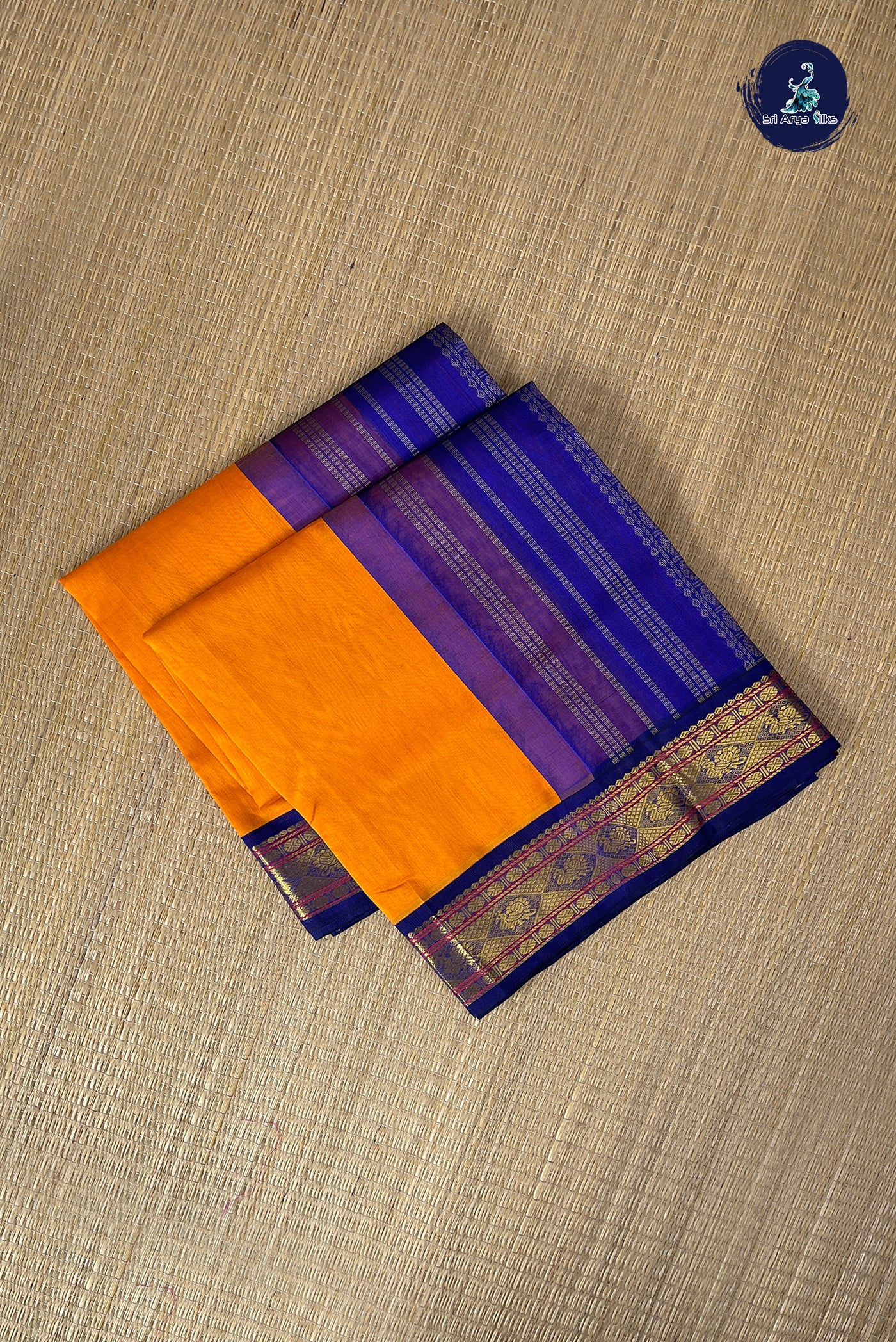 Yellowish Orange Korvai Silk Cotton Saree With Plain Pattern