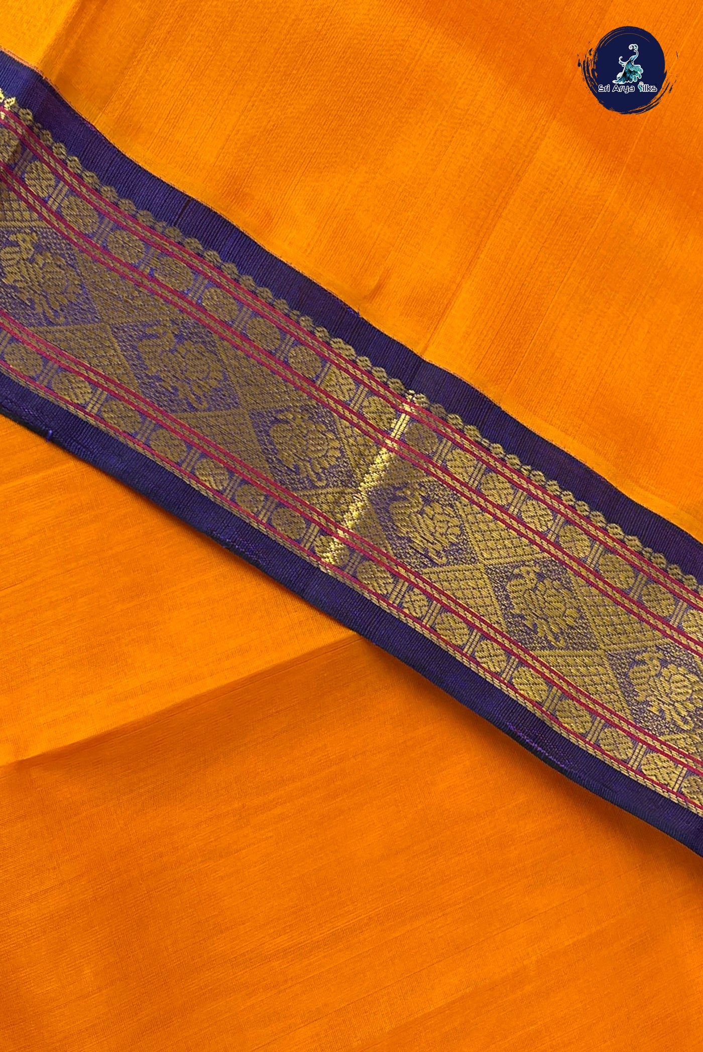 Yellowish Orange Korvai Silk Cotton Saree With Plain Pattern