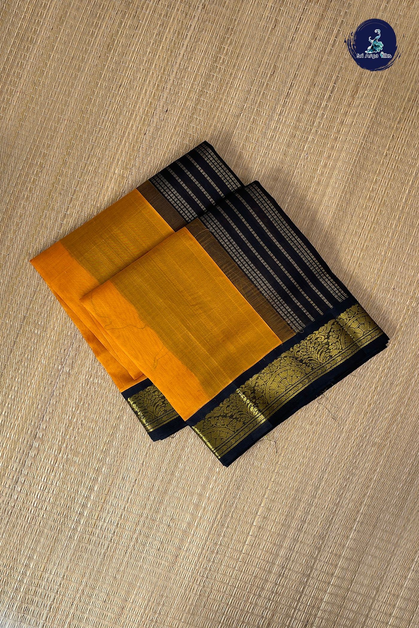 Mustard Yellow Korvai Silk Cotton Saree With Plain Pattern