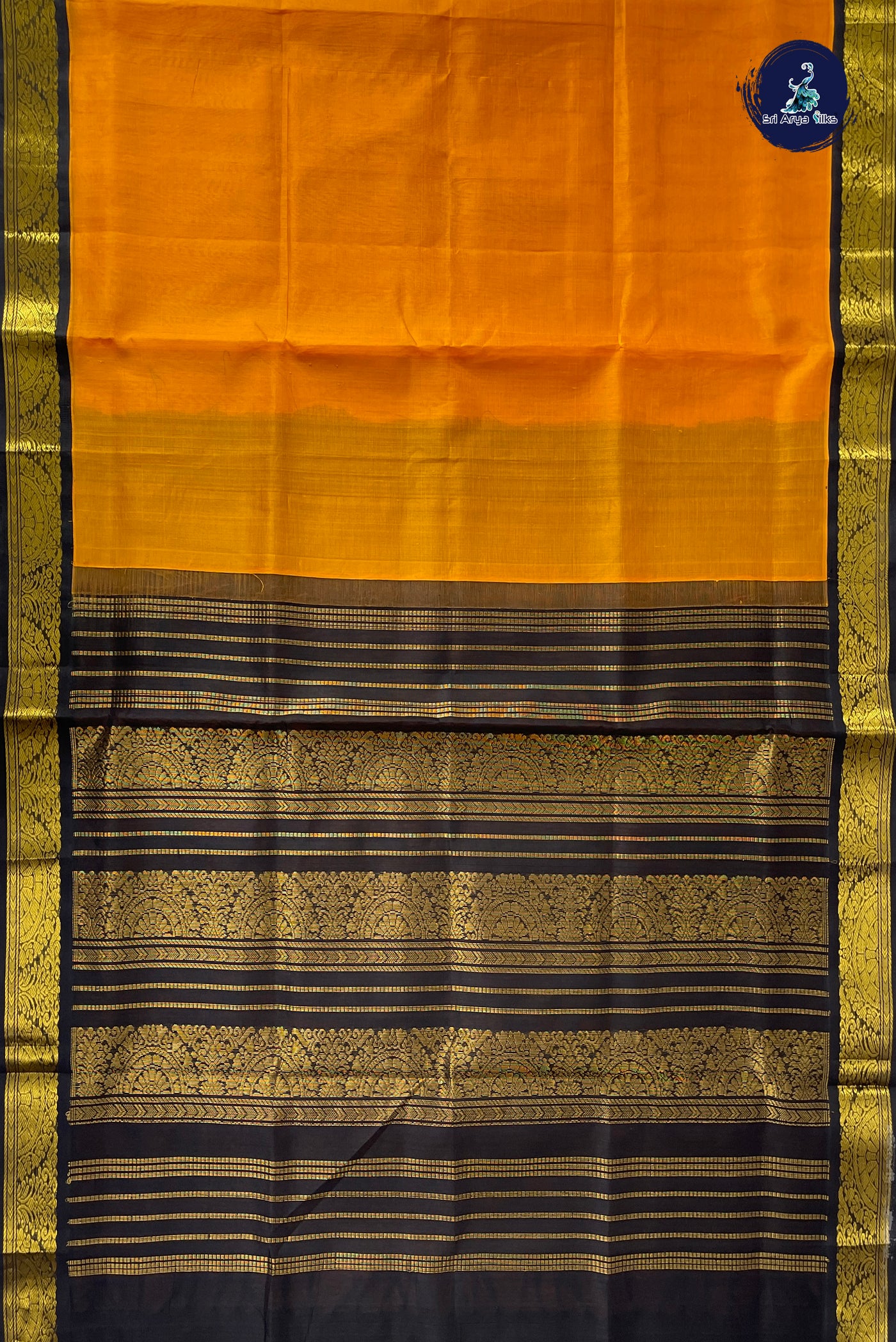 Mustard Yellow Korvai Silk Cotton Saree With Plain Pattern