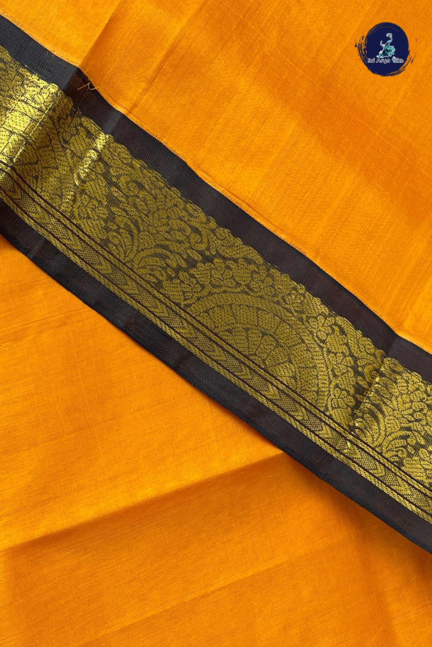 Mustard Yellow Korvai Silk Cotton Saree With Plain Pattern