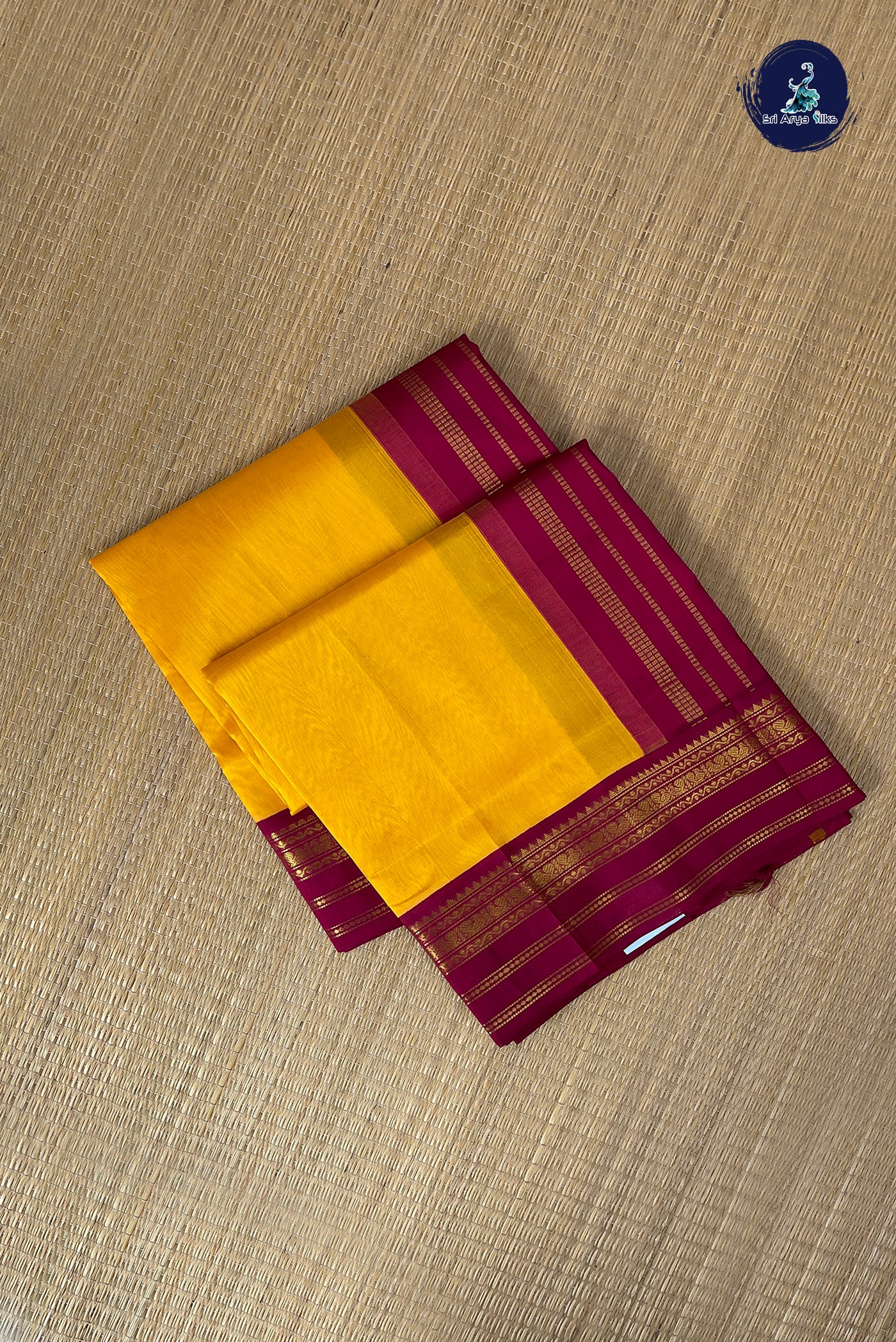 Mango Yellow Korvai Silk Cotton Saree With Plain Pattern