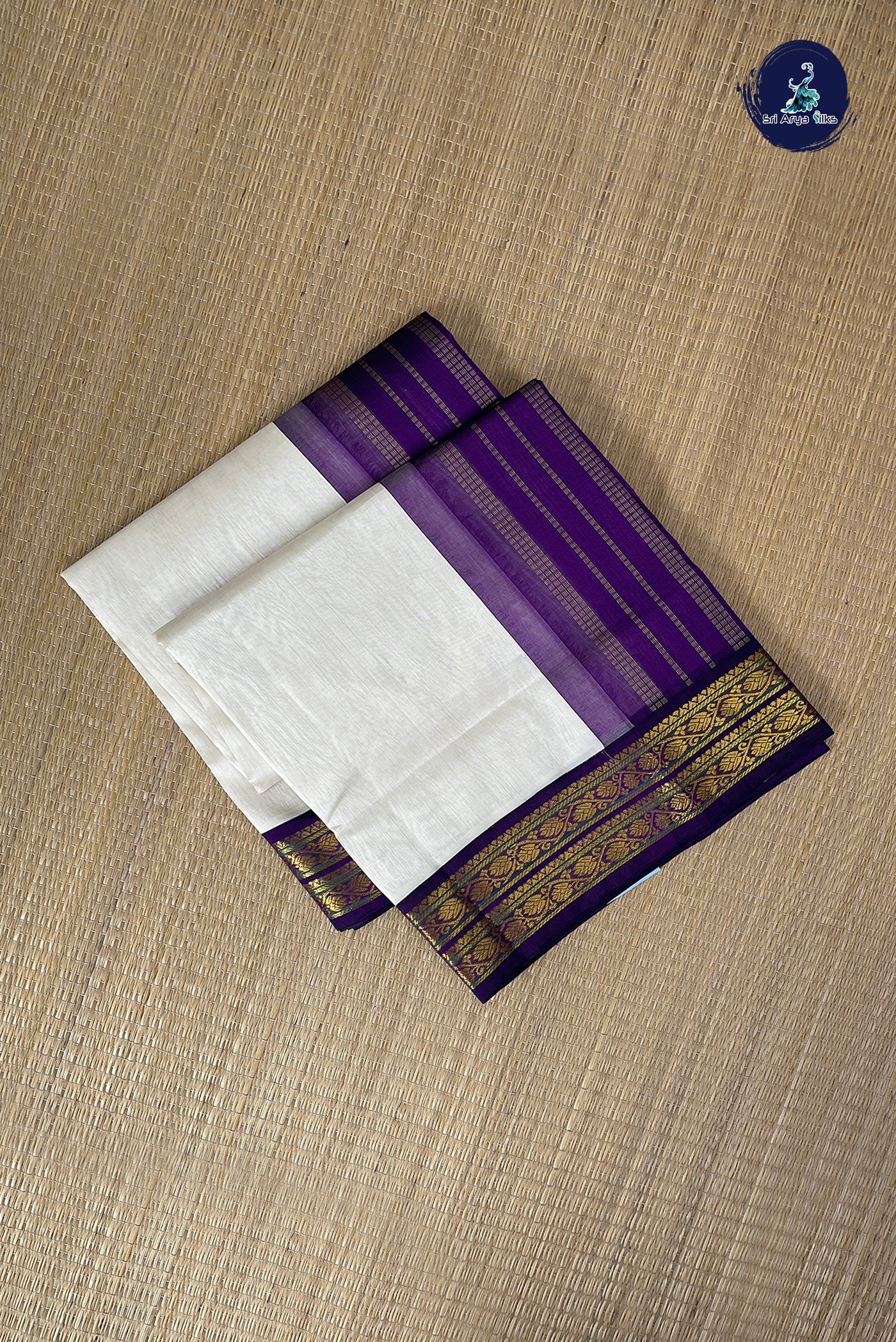 Off White Korvai Silk Cotton Saree With Plain Pattern