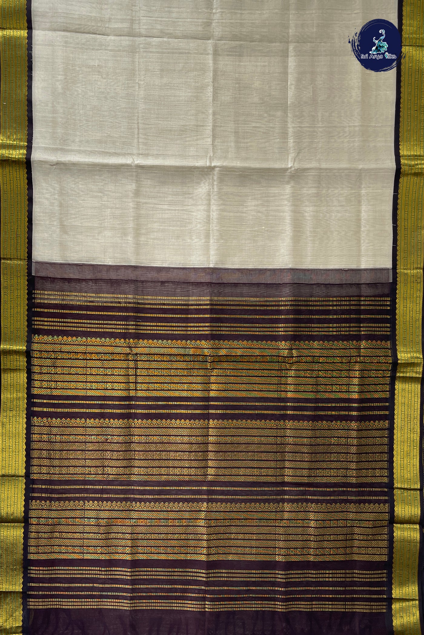 Silver Grey Korvai Silk Cotton Saree With Plain Pattern