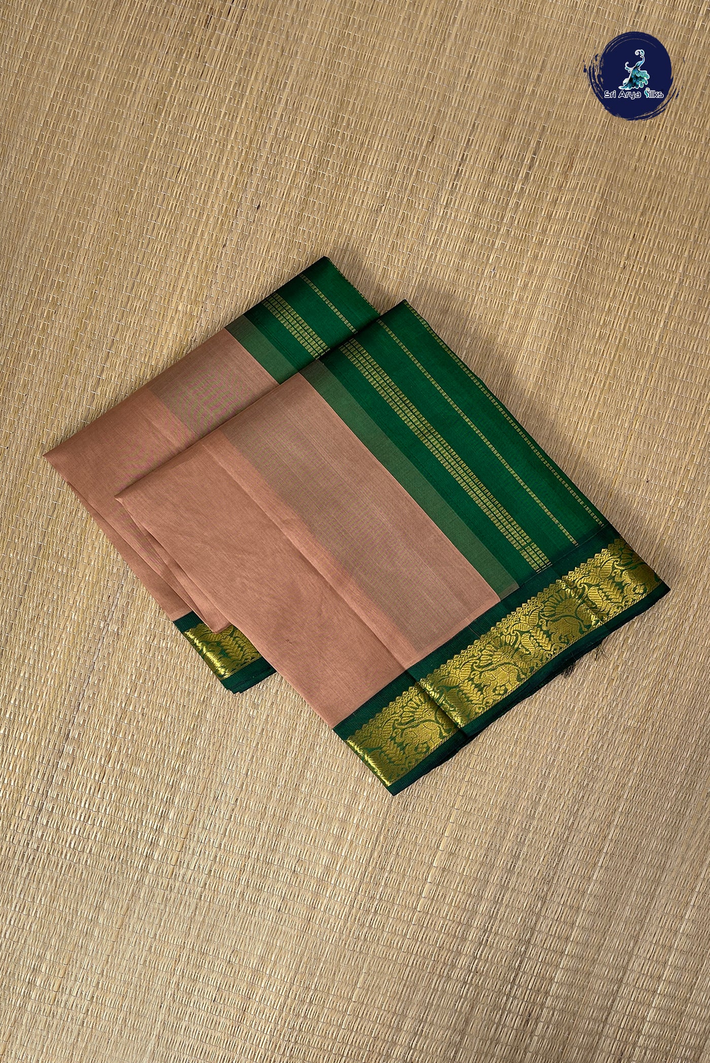 Beige Korvai Silk Cotton Saree With Plain Pattern