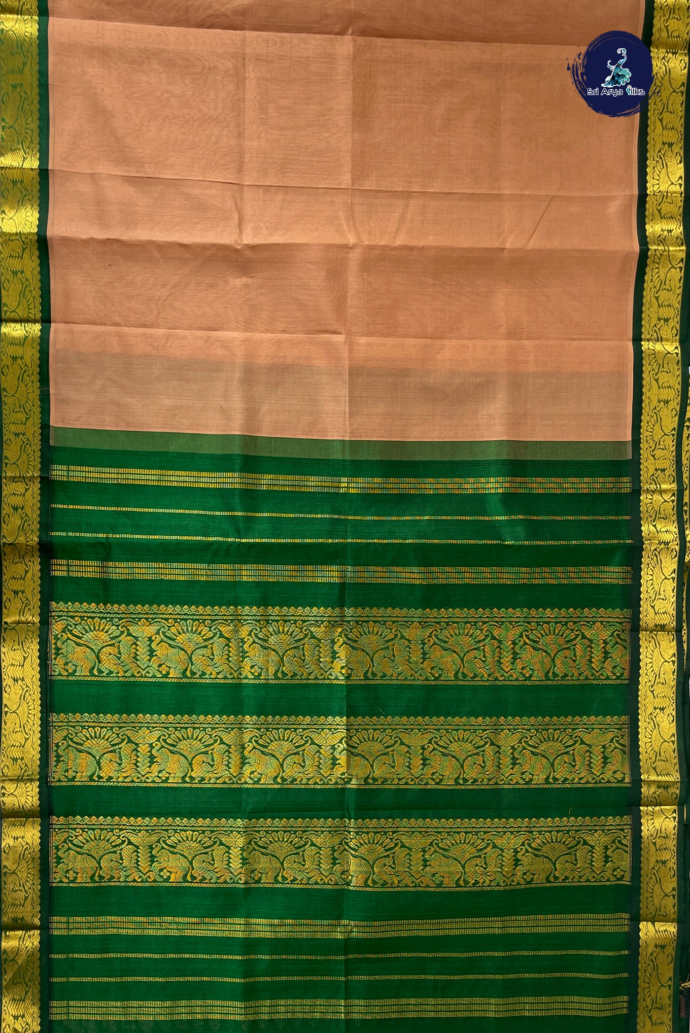 Beige Korvai Silk Cotton Saree With Plain Pattern