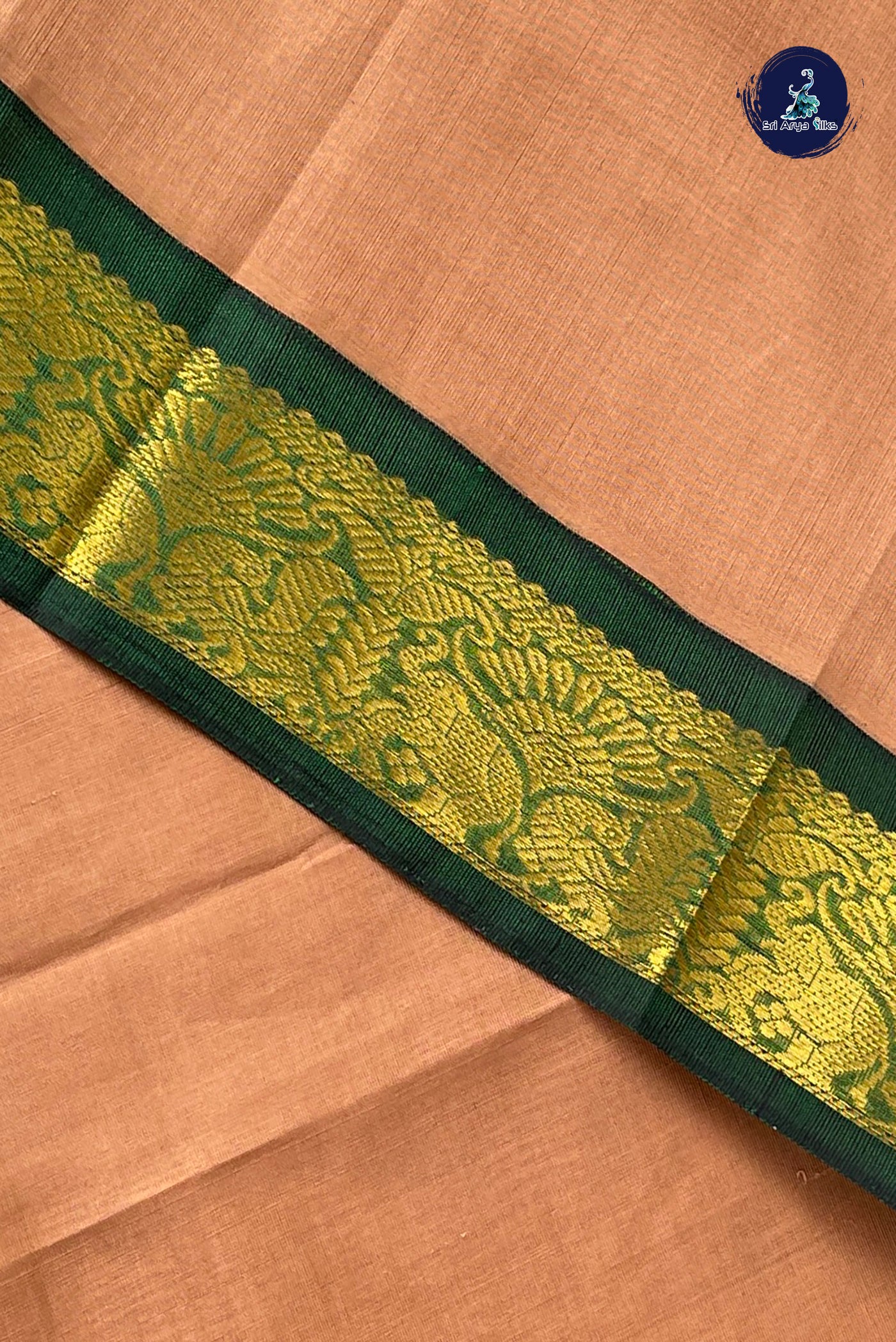 Beige Korvai Silk Cotton Saree With Plain Pattern