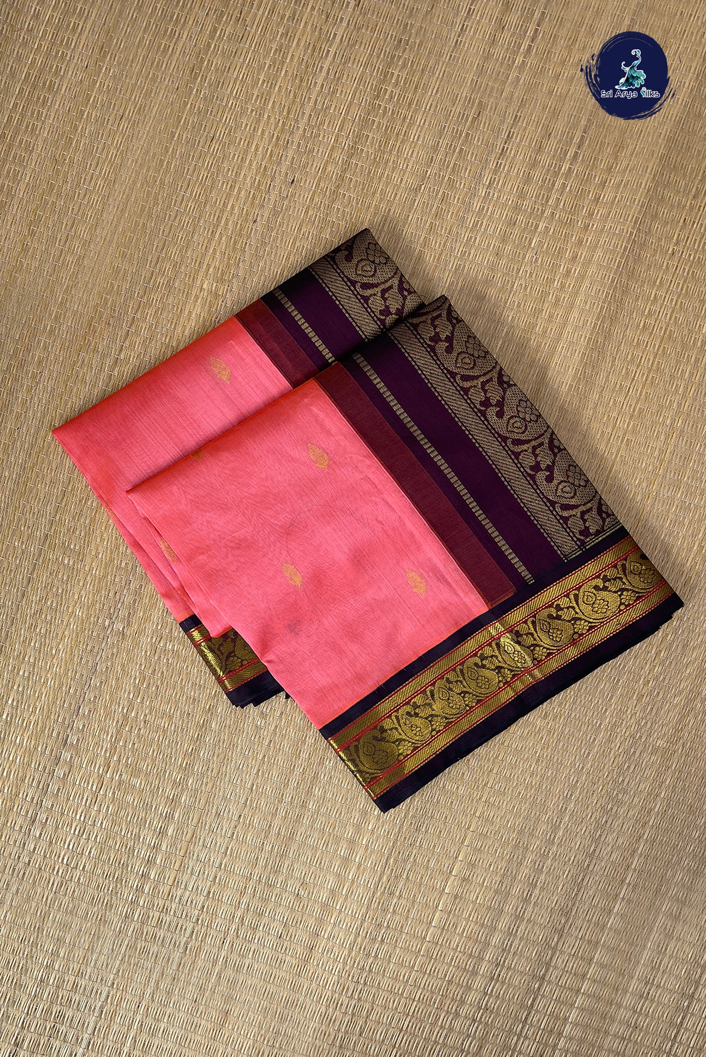 Orangish Pink Korvai Silk Cotton Saree With Zari Buttas Pattern