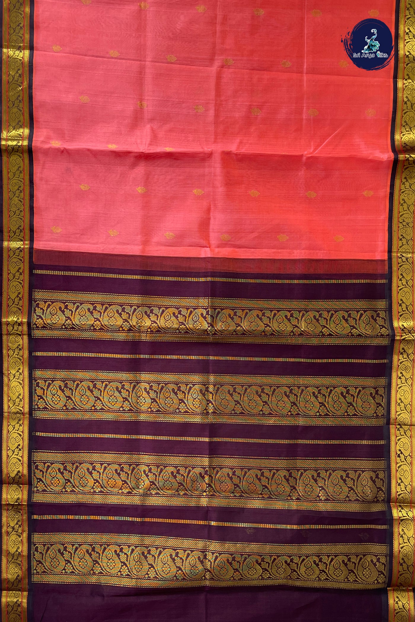 Orangish Pink Korvai Silk Cotton Saree With Zari Buttas Pattern