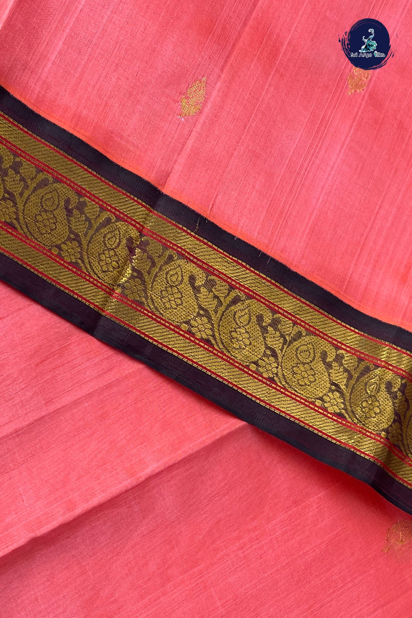 Orangish Pink Korvai Silk Cotton Saree With Zari Buttas Pattern