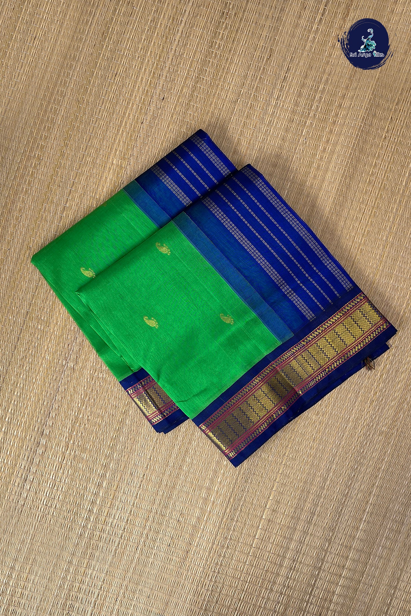 Parrot Green Korvai Silk Cotton Saree With Zari Buttas Pattern