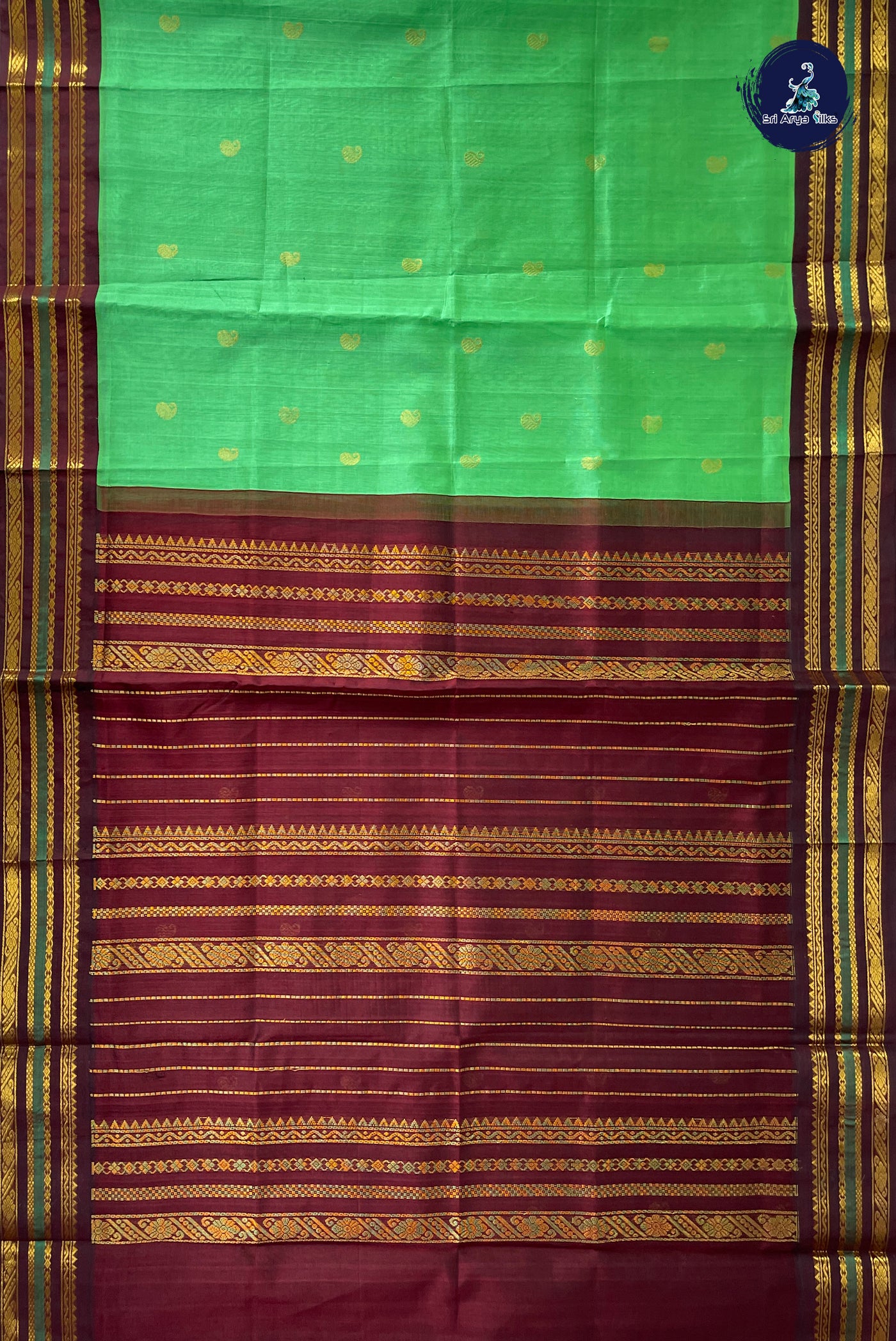 Light Green Korvai Silk Cotton Saree With Zari Buttas Pattern