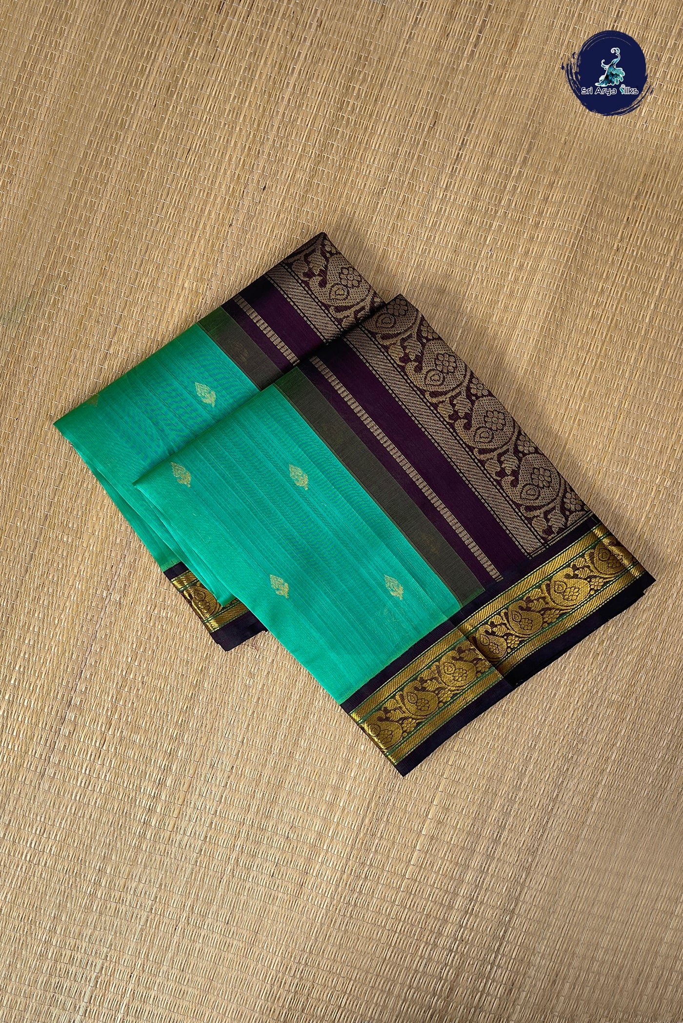 Dual Tone Green Korvai Silk Cotton Saree With Zari Buttas Pattern