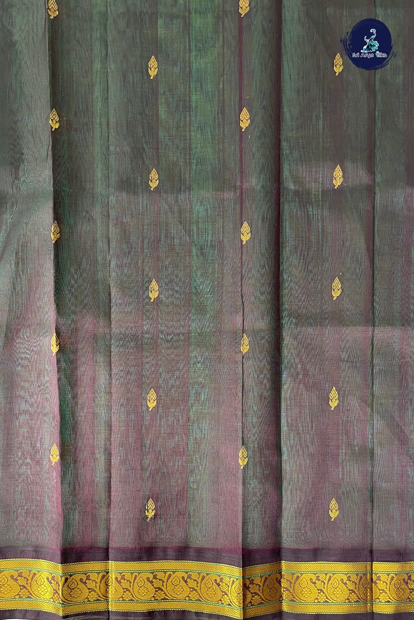 Dual Tone Green Korvai Silk Cotton Saree With Zari Buttas Pattern