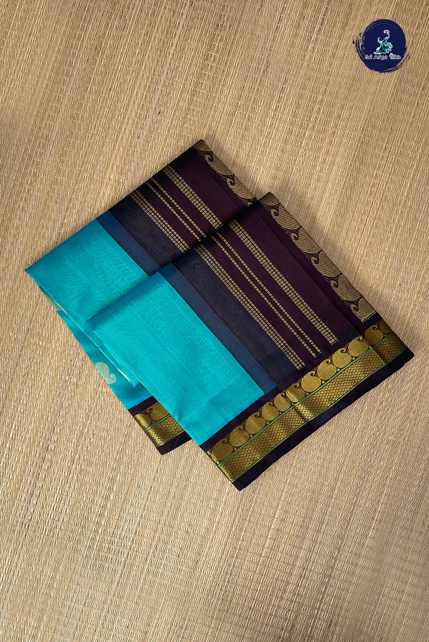 Teal Blue Korvai Silk Cotton Saree With Zari Buttas Pattern