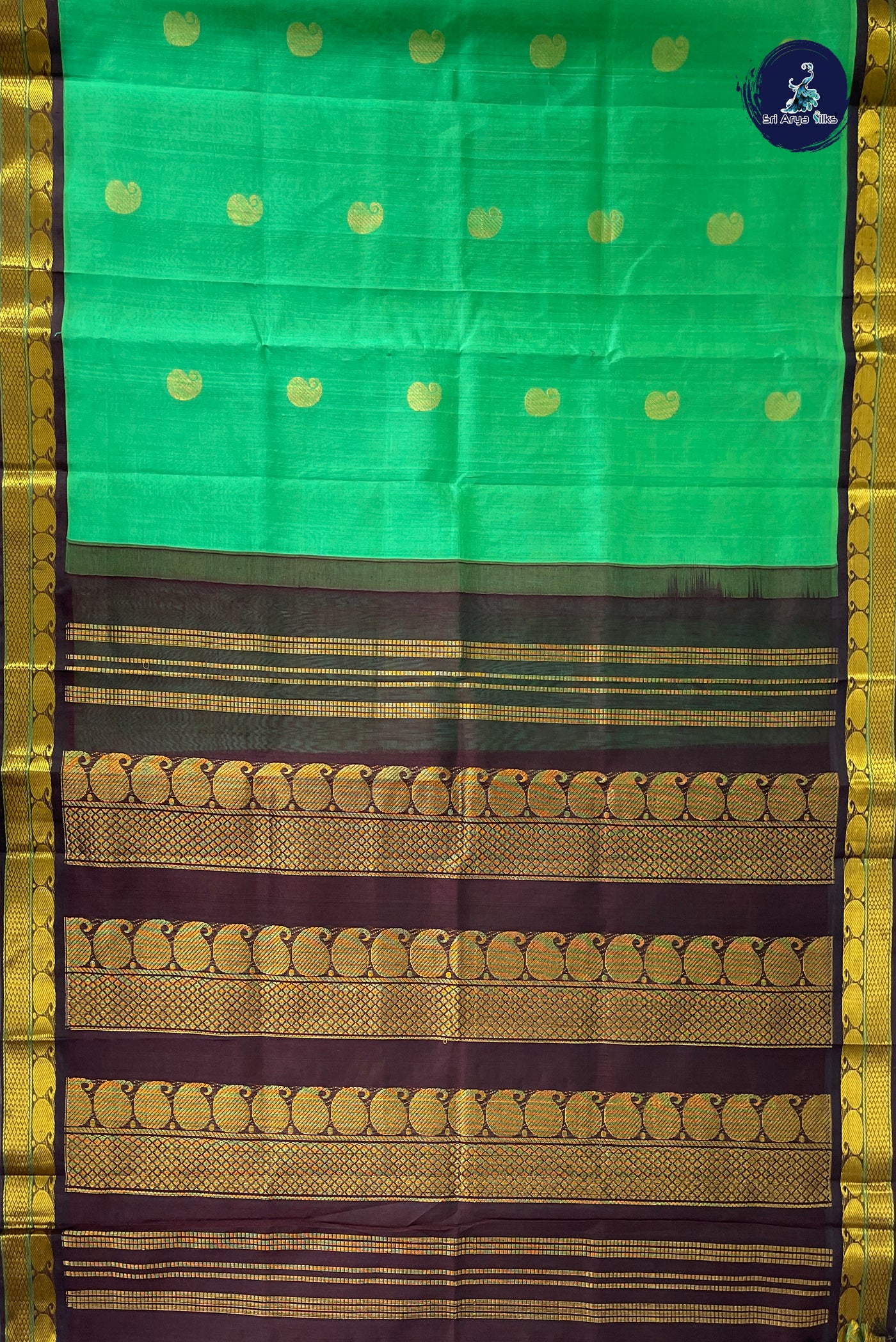 Green Korvai Silk Cotton Saree With Zari Buttas Pattern