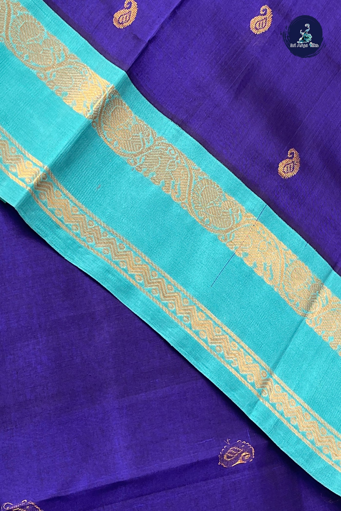 Blue Korvai Silk Cotton Saree With Zari Buttas Pattern