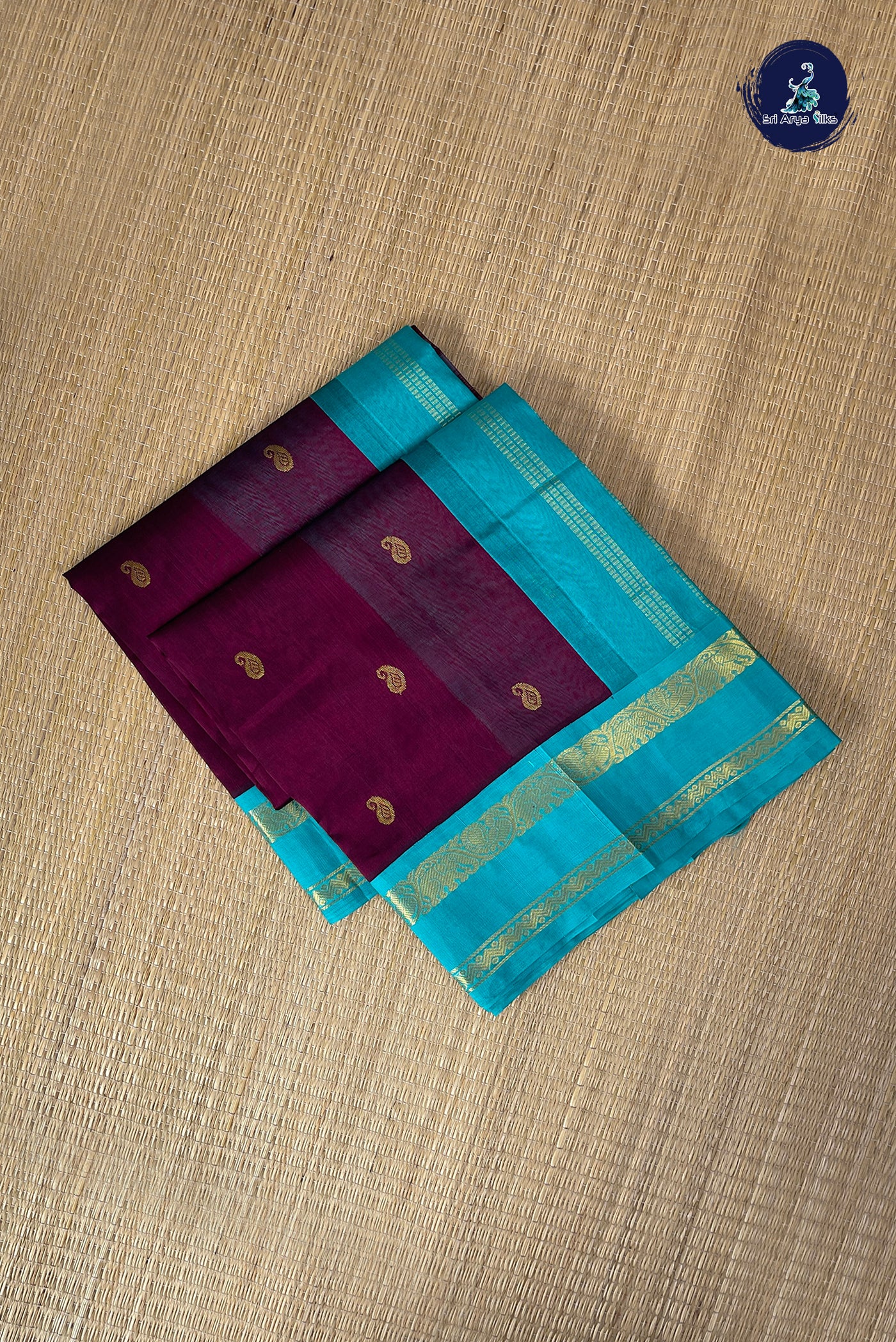 Dual Tone Wine Korvai Silk Cotton Saree With Zari Buttas Pattern