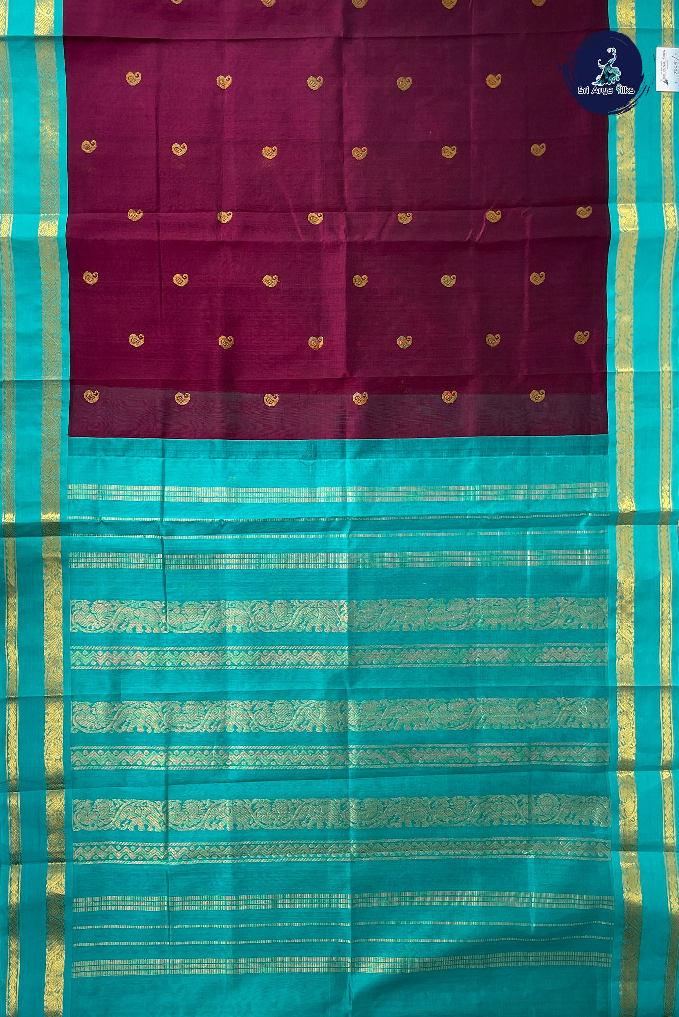 Dual Tone Wine Korvai Silk Cotton Saree With Zari Buttas Pattern