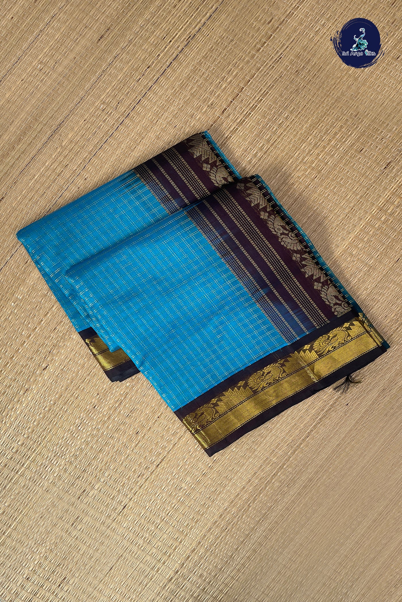 Blue Checked Saree With Zari Checked Pattern