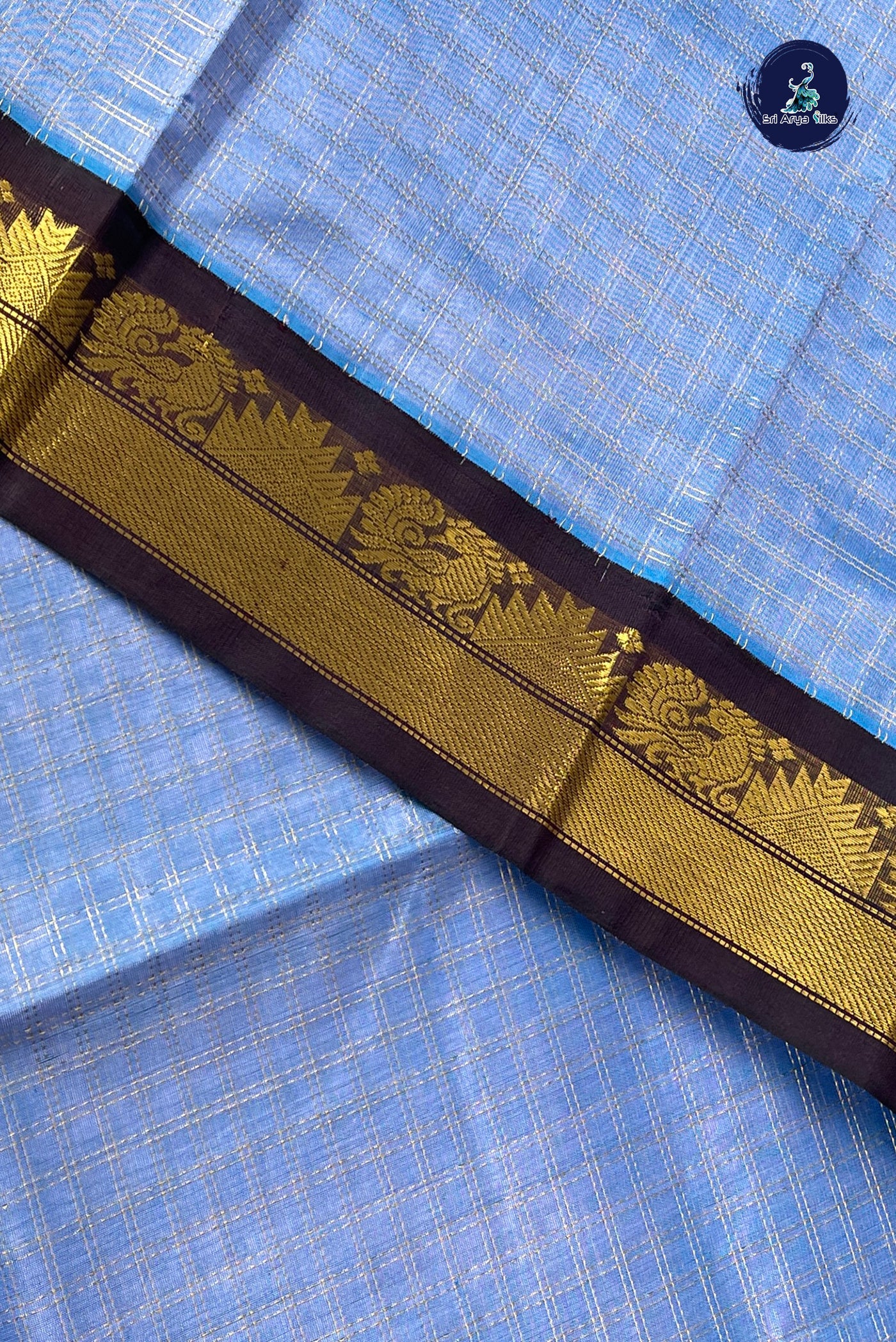 Light Blue Checked Saree With Zari Checked Pattern