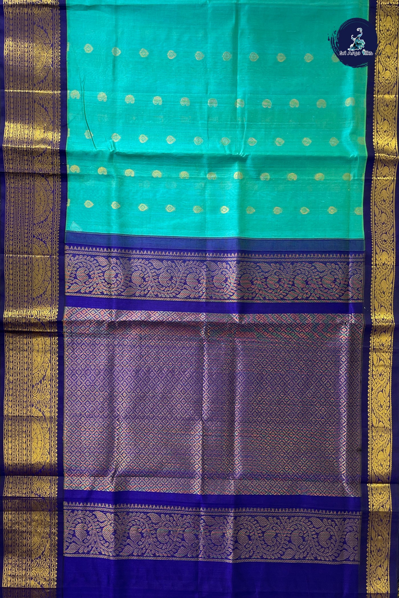 Teal Blue Korvai Silk Cotton Saree With Zari Buttas Pattern