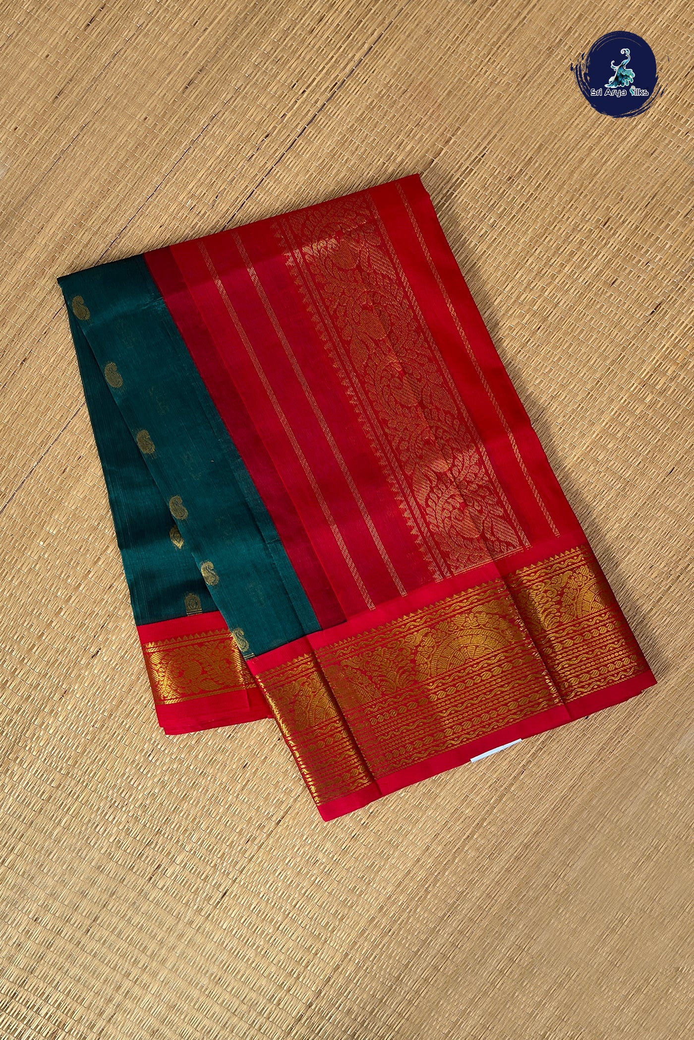 Green Korvai Silk Cotton Saree With Zari Buttas Pattern