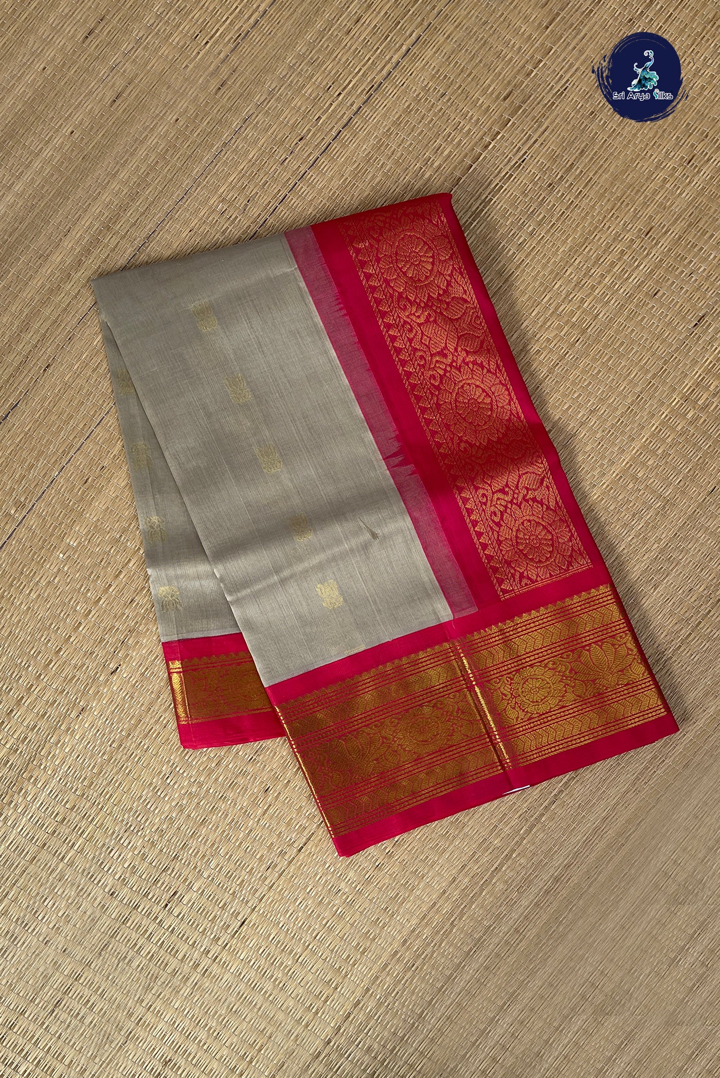 Grey Korvai Silk Cotton Saree With Zari Buttas Pattern