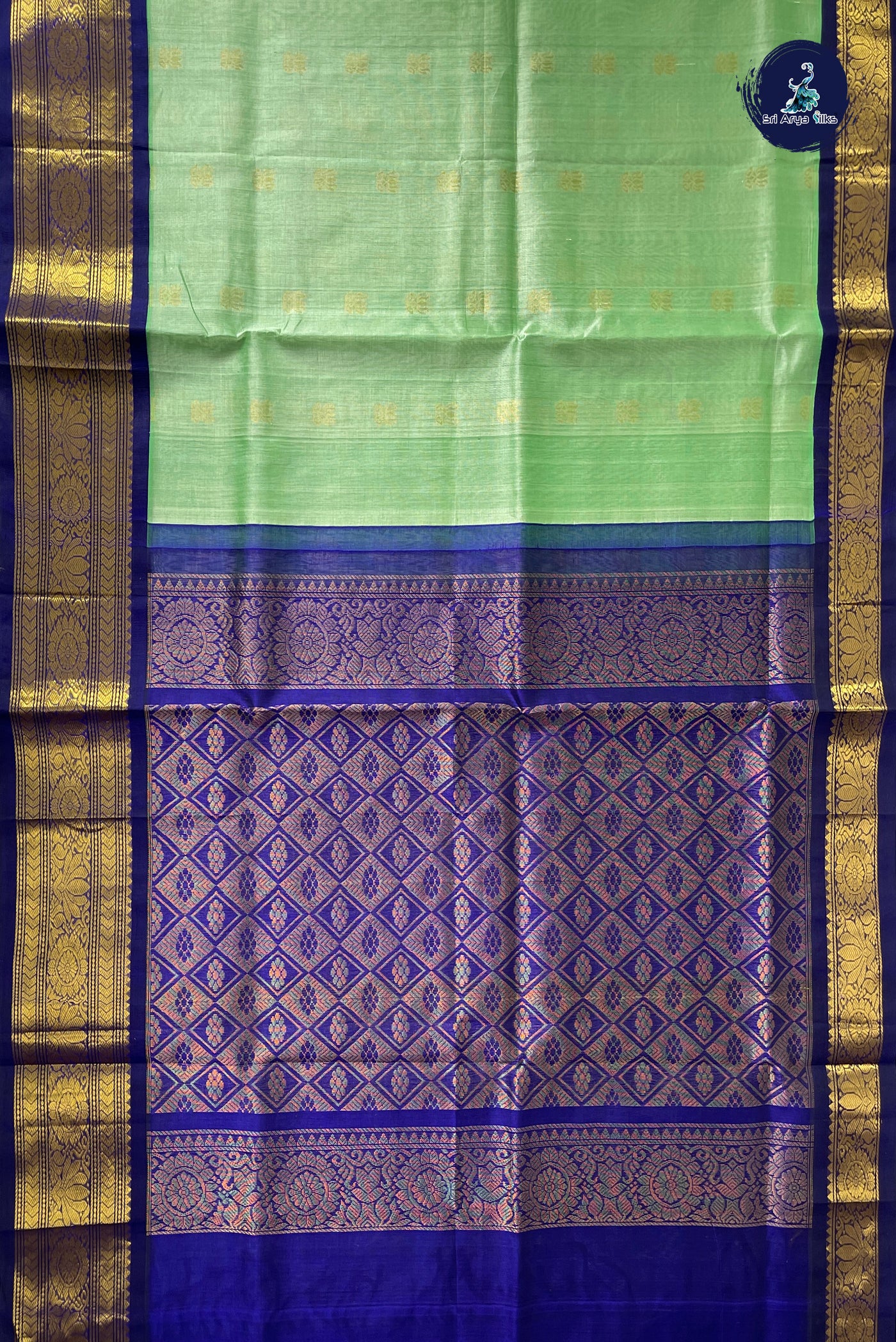 Pastel Green Korvai Silk Cotton Saree With Zari Buttas Pattern