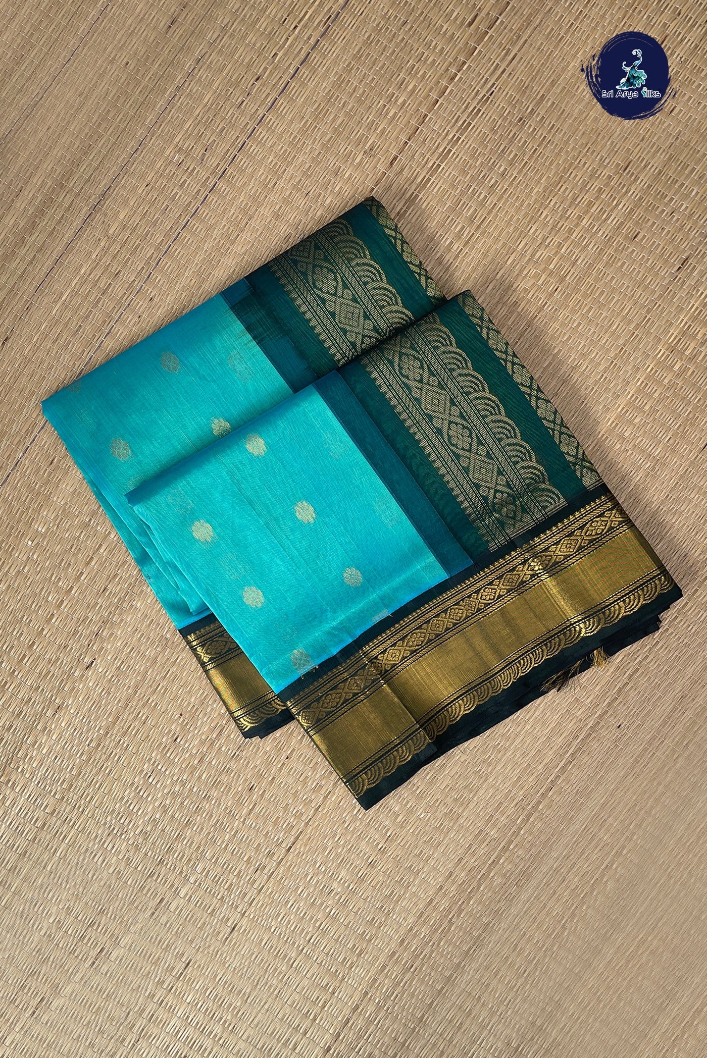 Bluish Green Korvai Silk Cotton Saree With Zari Buttas Pattern