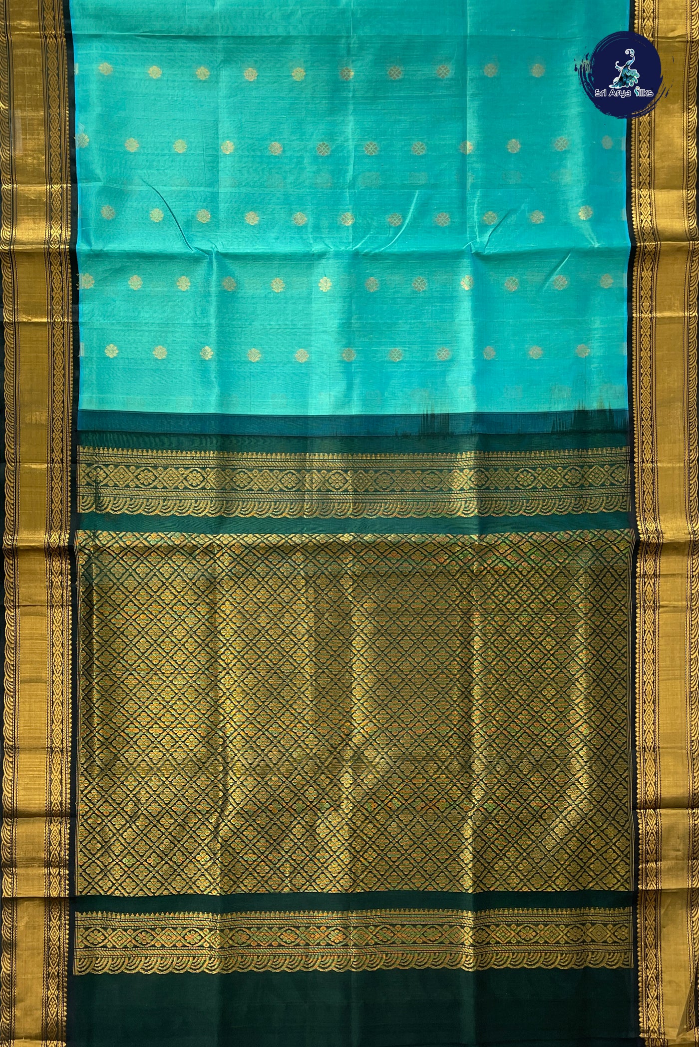 Bluish Green Korvai Silk Cotton Saree With Zari Buttas Pattern