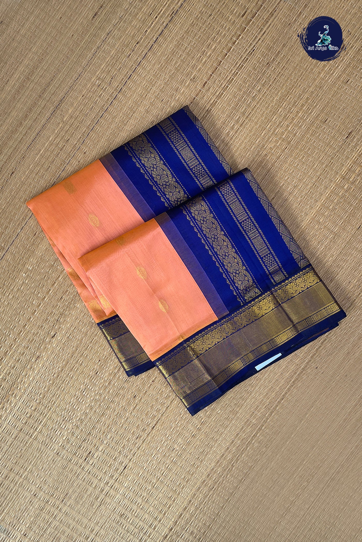 Peach Korvai Silk Cotton Saree With Zari Buttas Pattern