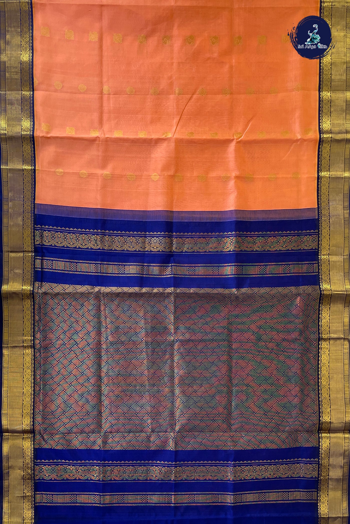 Peach Korvai Silk Cotton Saree With Zari Buttas Pattern