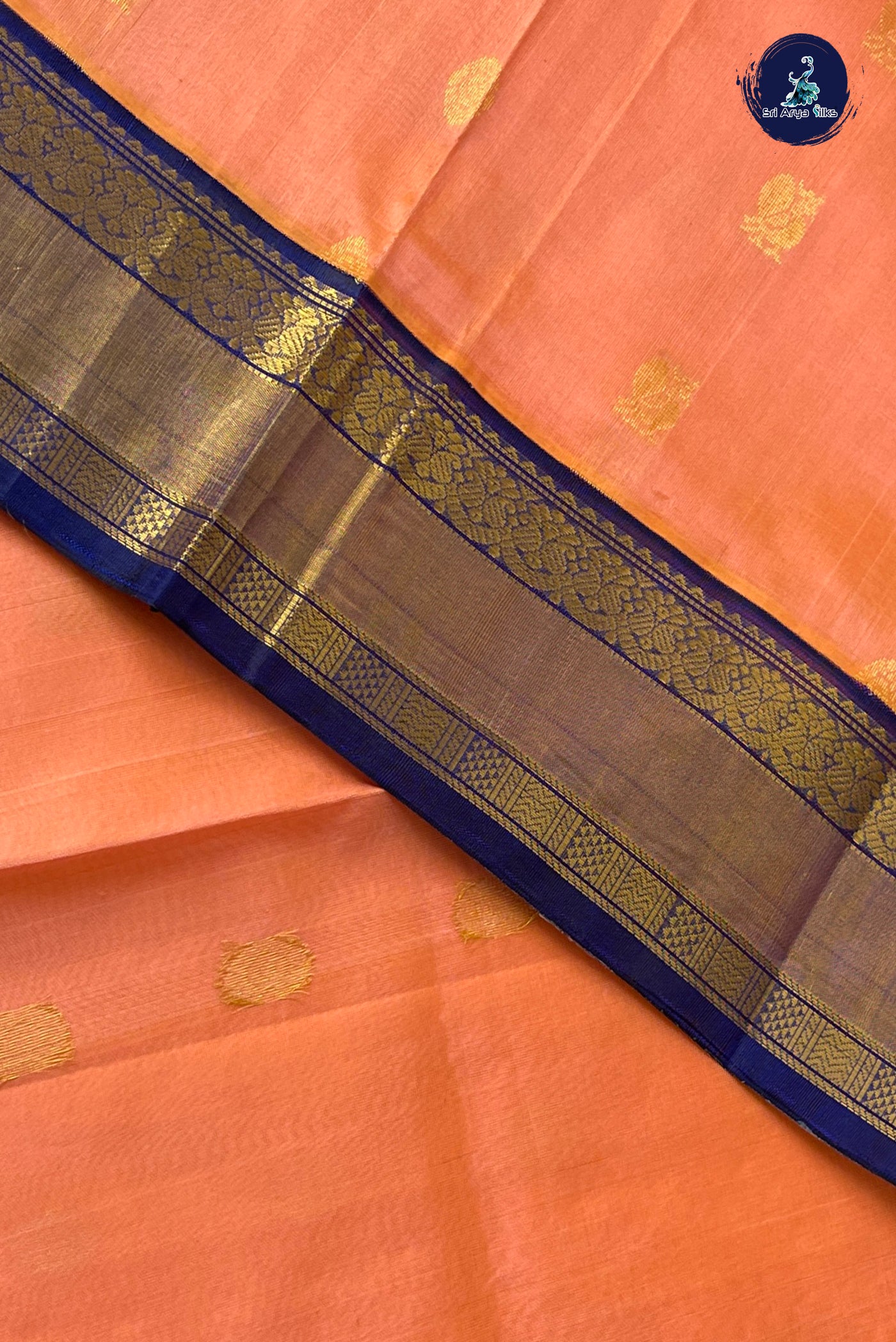 Peach Korvai Silk Cotton Saree With Zari Buttas Pattern
