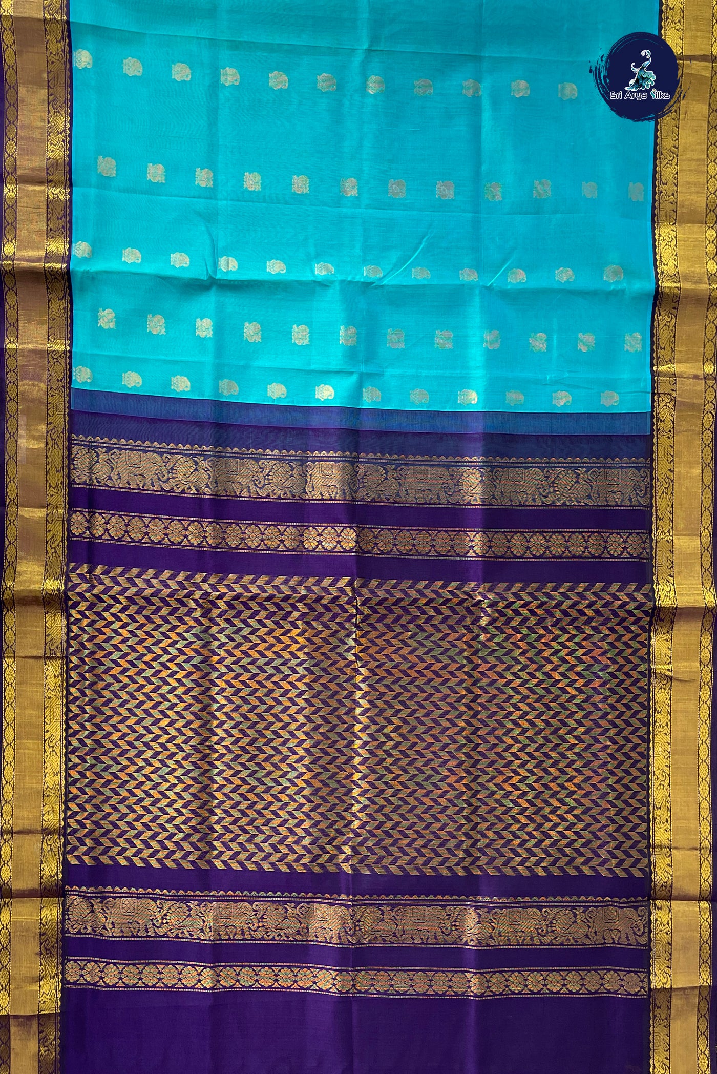 Teal Blue Korvai Silk Cotton Saree With Zari Buttas Pattern