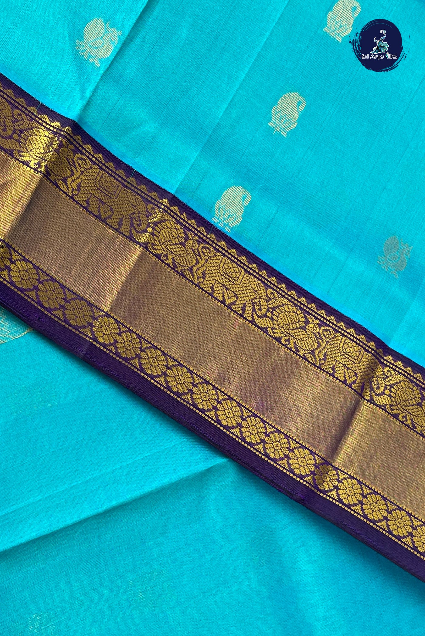 Teal Blue Korvai Silk Cotton Saree With Zari Buttas Pattern