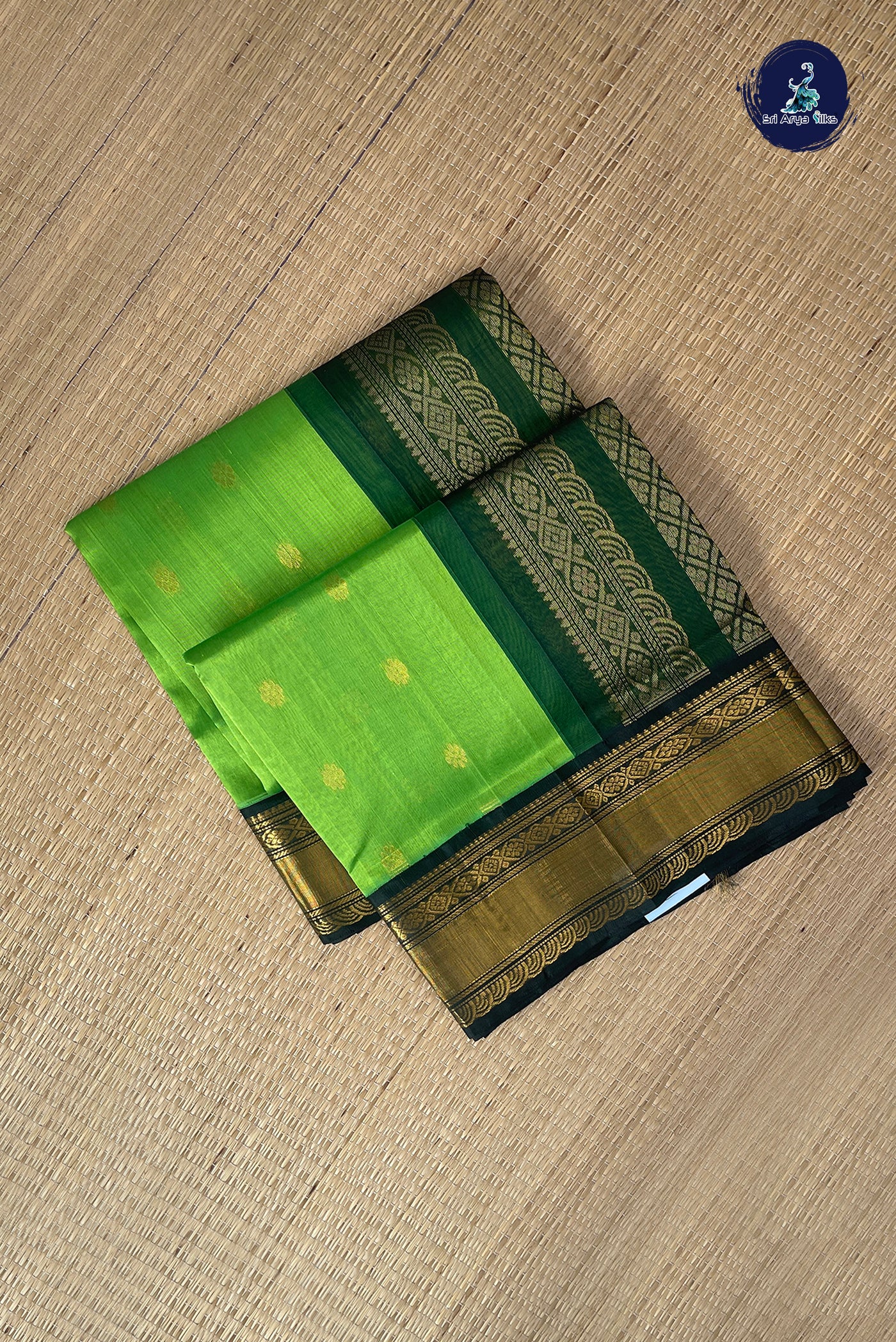 Light Green Korvai Silk Cotton Saree With Zari Buttas Pattern