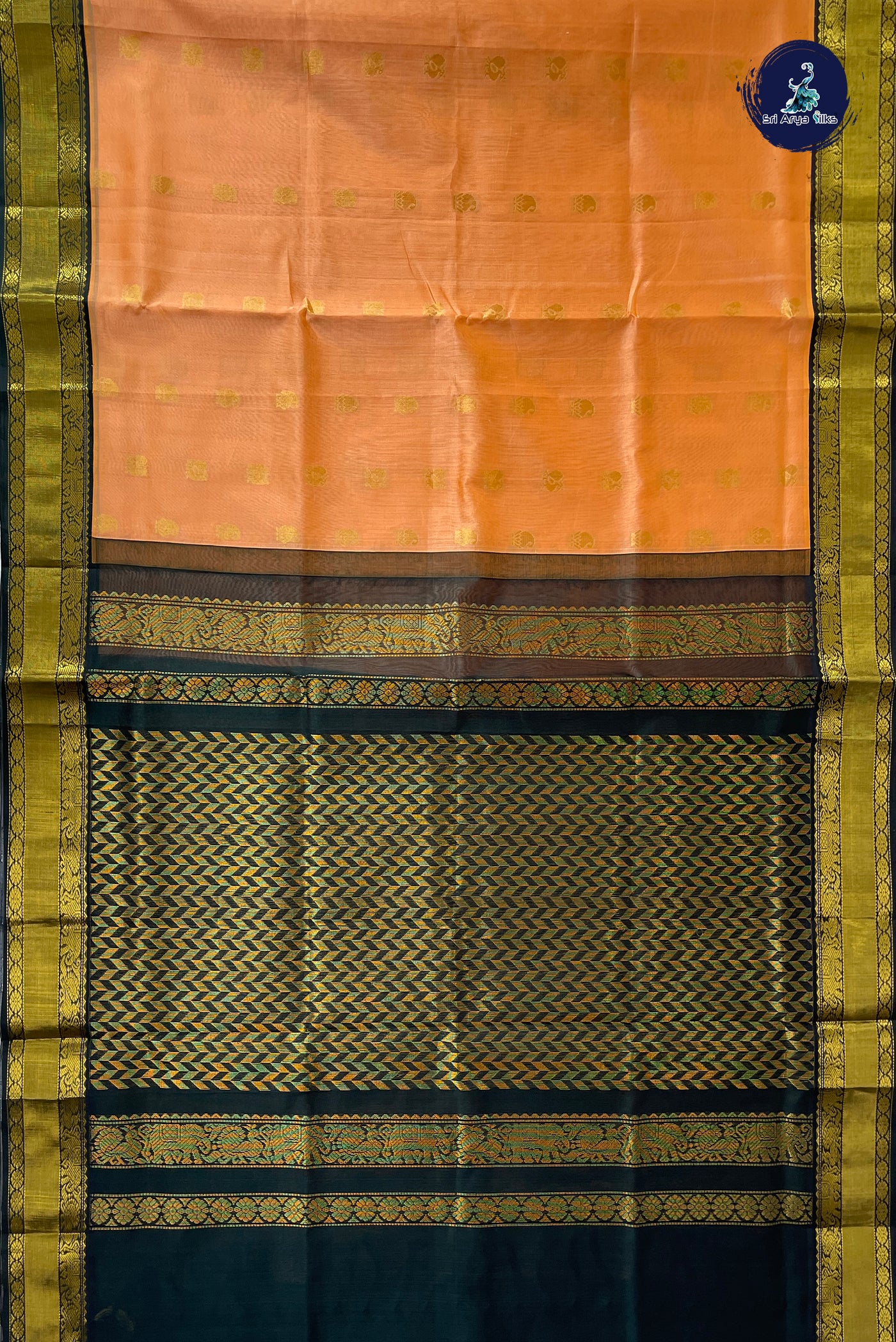 Peach Korvai Silk Cotton Saree With Zari Buttas Pattern