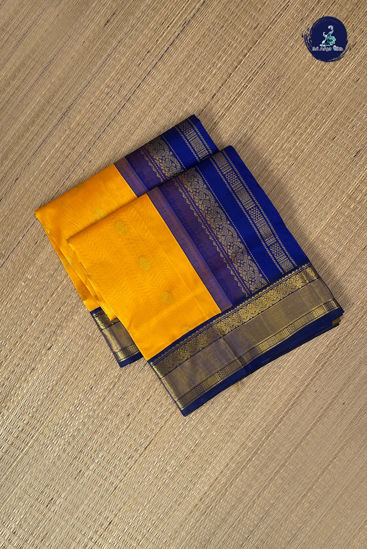 Yellow Korvai Silk Cotton Saree With Zari Buttas Pattern