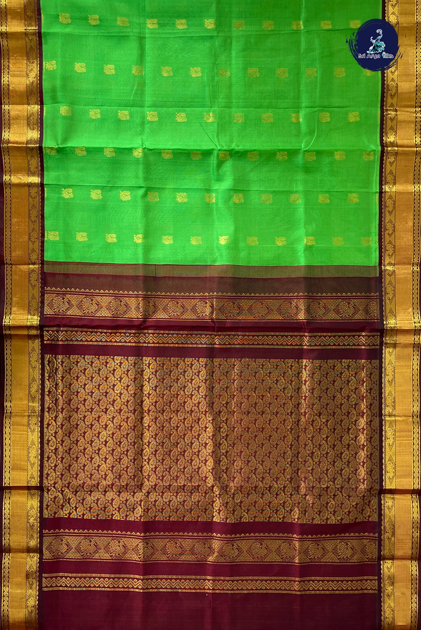 Parrot Green Korvai Silk Cotton Saree With Zari Buttas Pattern