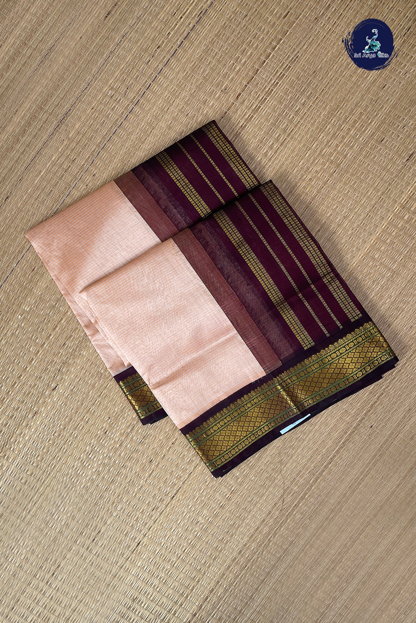 Fawn Korvai Silk Cotton Saree With Stripes Pattern