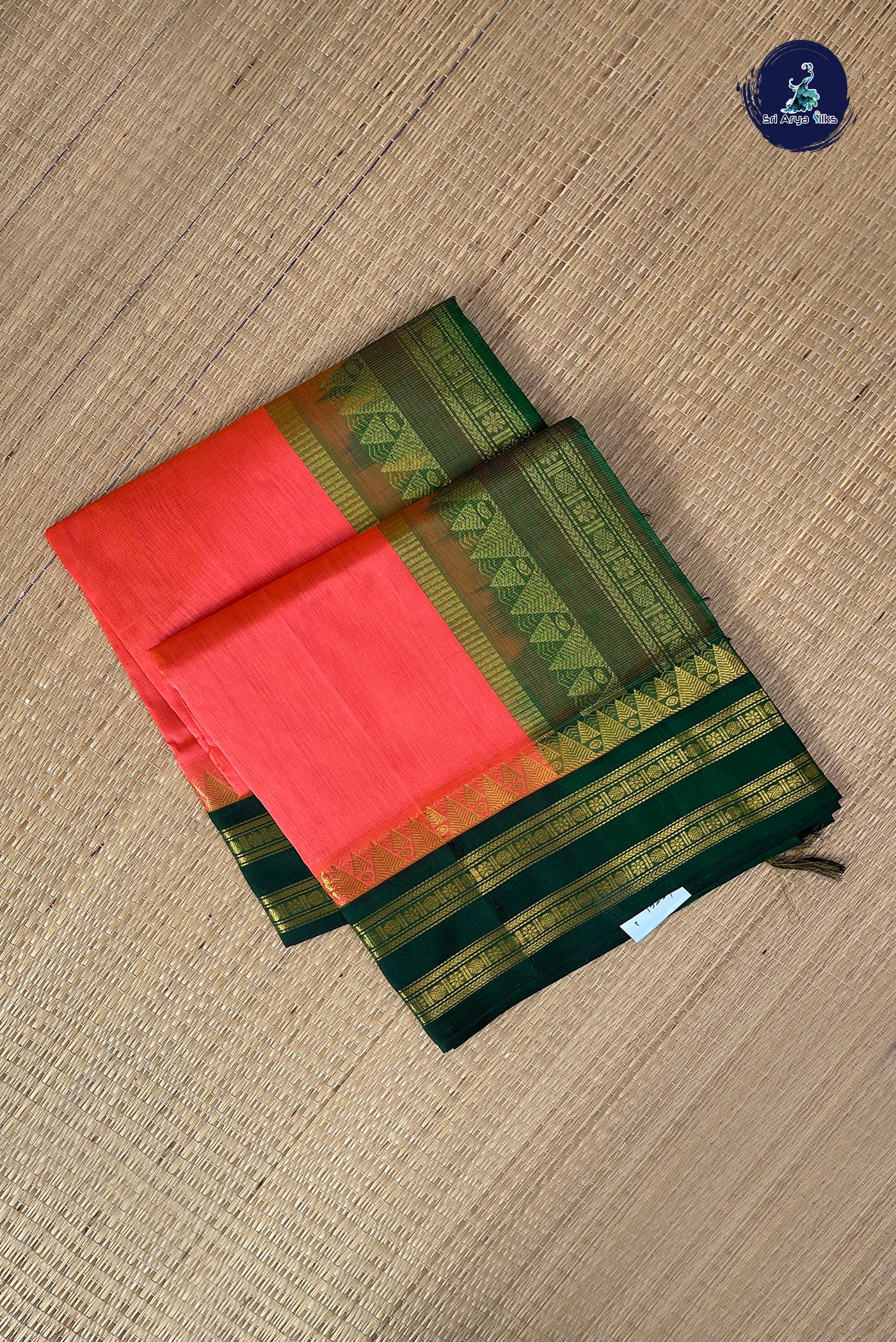 Pinkish Orange Vaira Oosi Silk Cotton Saree With Vaira Oosi Pattern