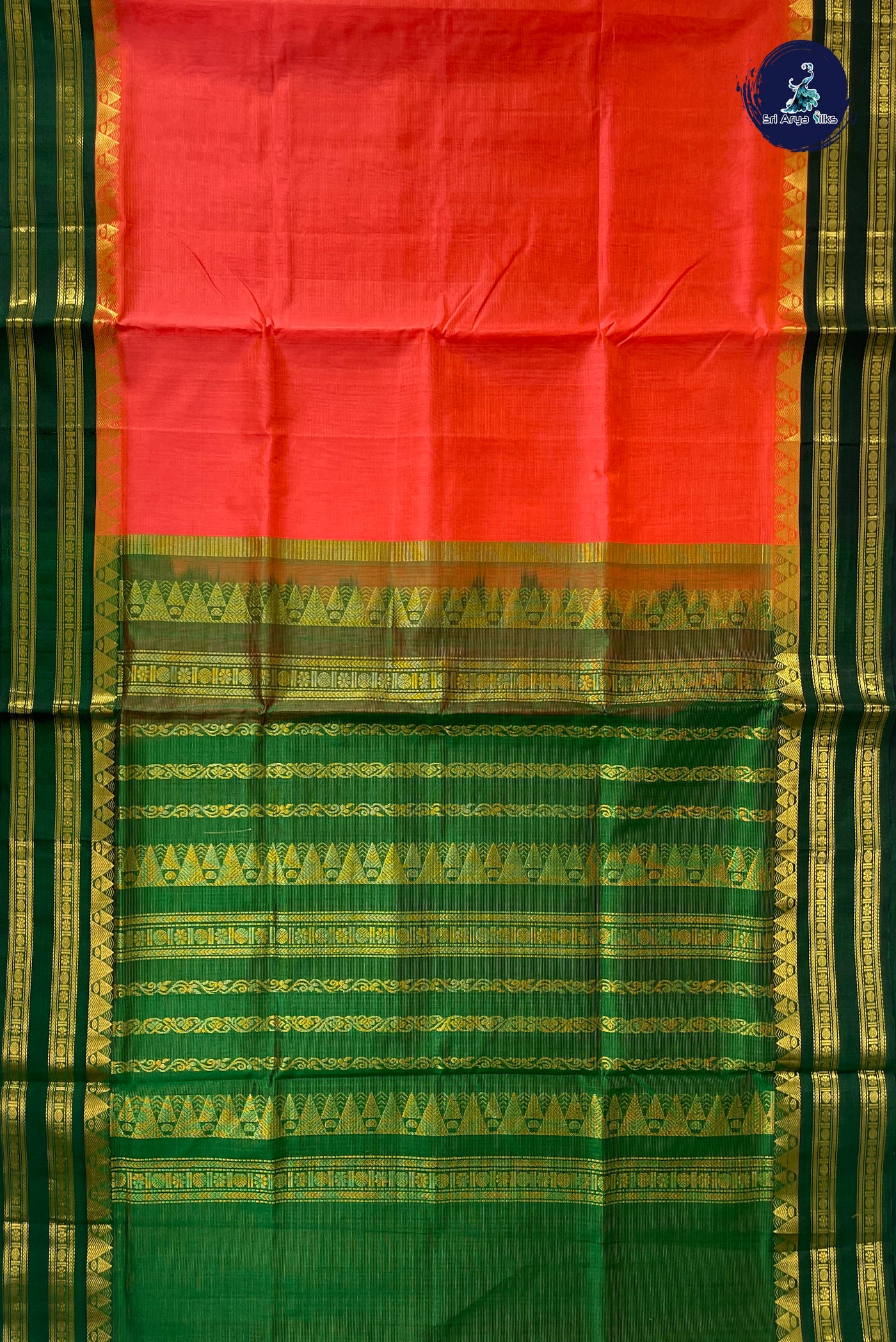 Pinkish Orange Vaira Oosi Silk Cotton Saree With Vaira Oosi Pattern
