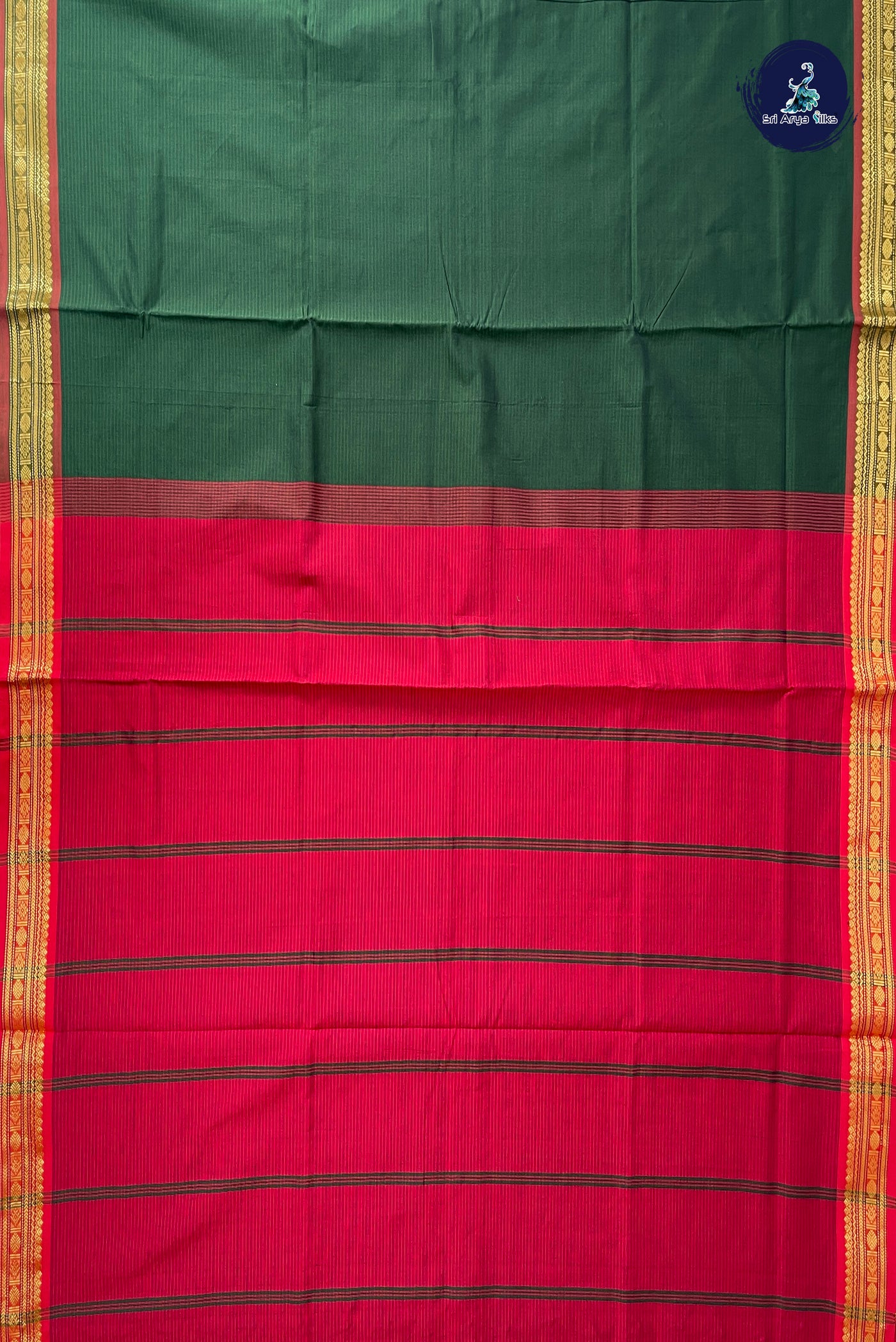 Dark Green Half Pure Silk Cotton Saree With Doria Lines Pattern